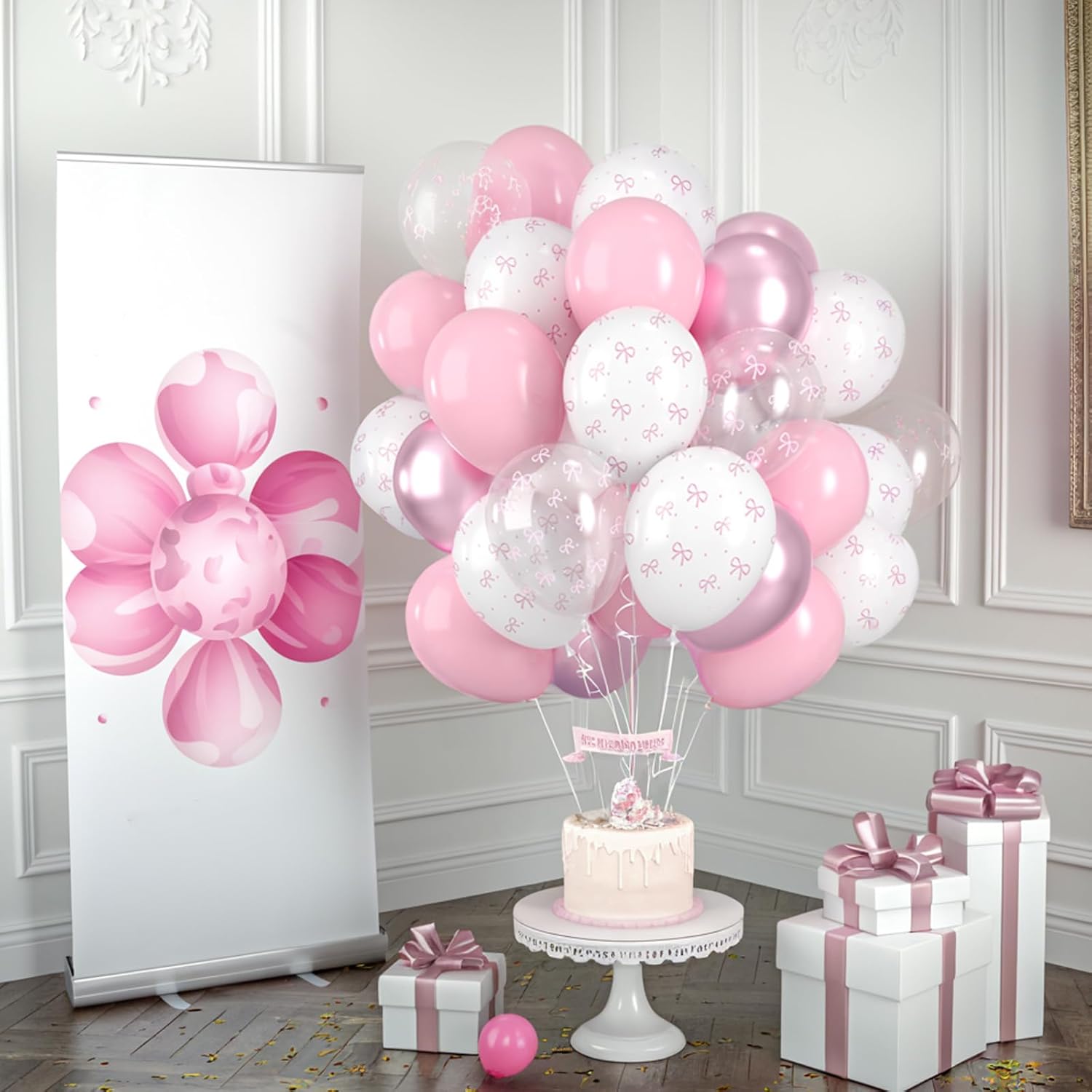 Bow Balloons 50Pcs 12 Inches Pink White Clear Balloons for Birthday Parties