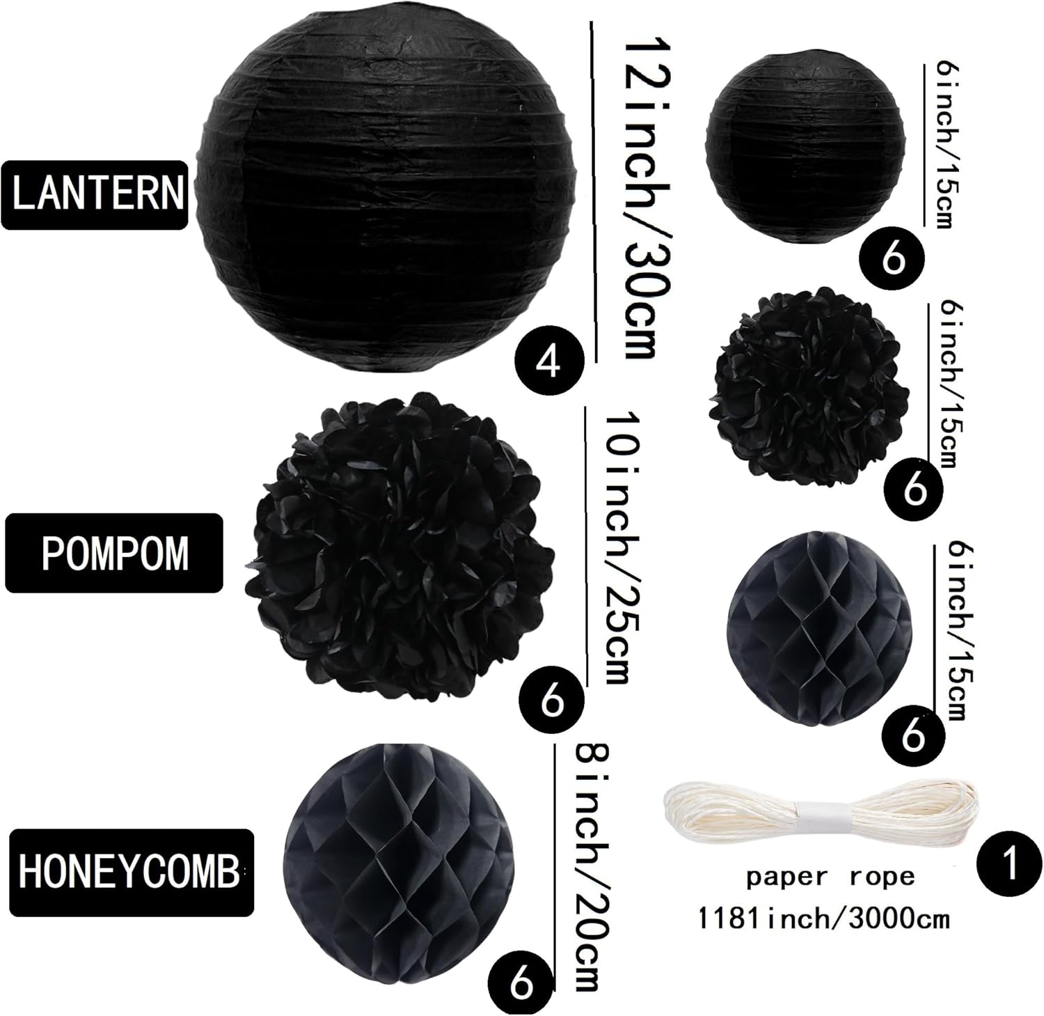 Wolhowltd Black Paper Decoration Set - 34 Pcs for Events