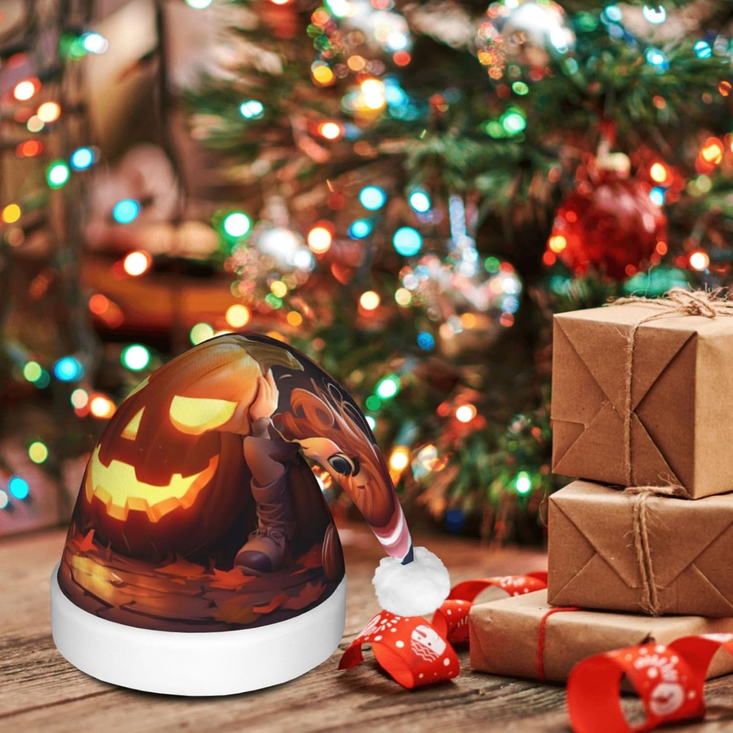 QINZHENG Halloween Pumpkin Print LED Santa Hat for Adults Christmas Party Hat