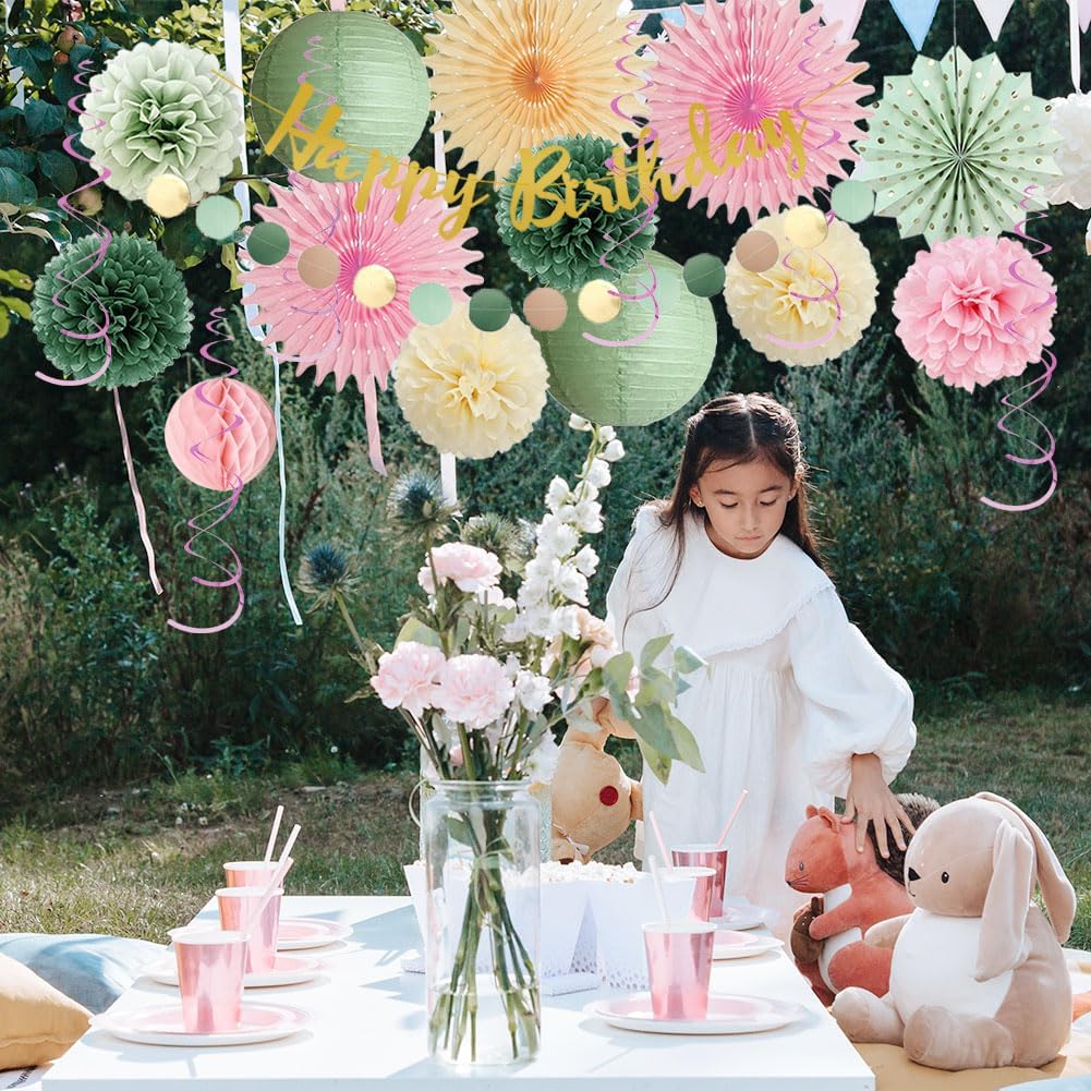 Sage Green and Pink Birthday Decorations Kit