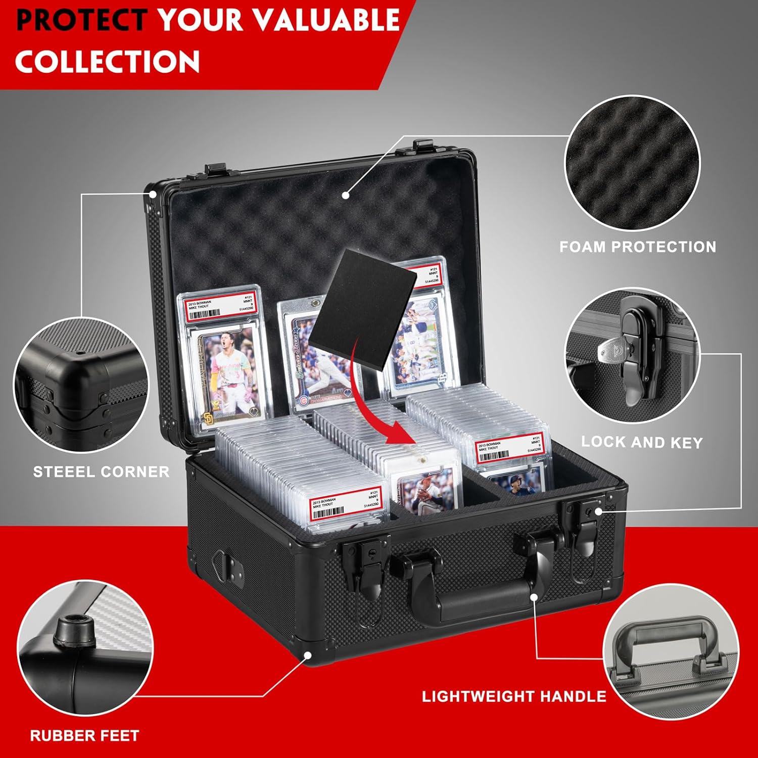 Vollicaifit Graded Card Storage Box Case 3 Row Black Holder