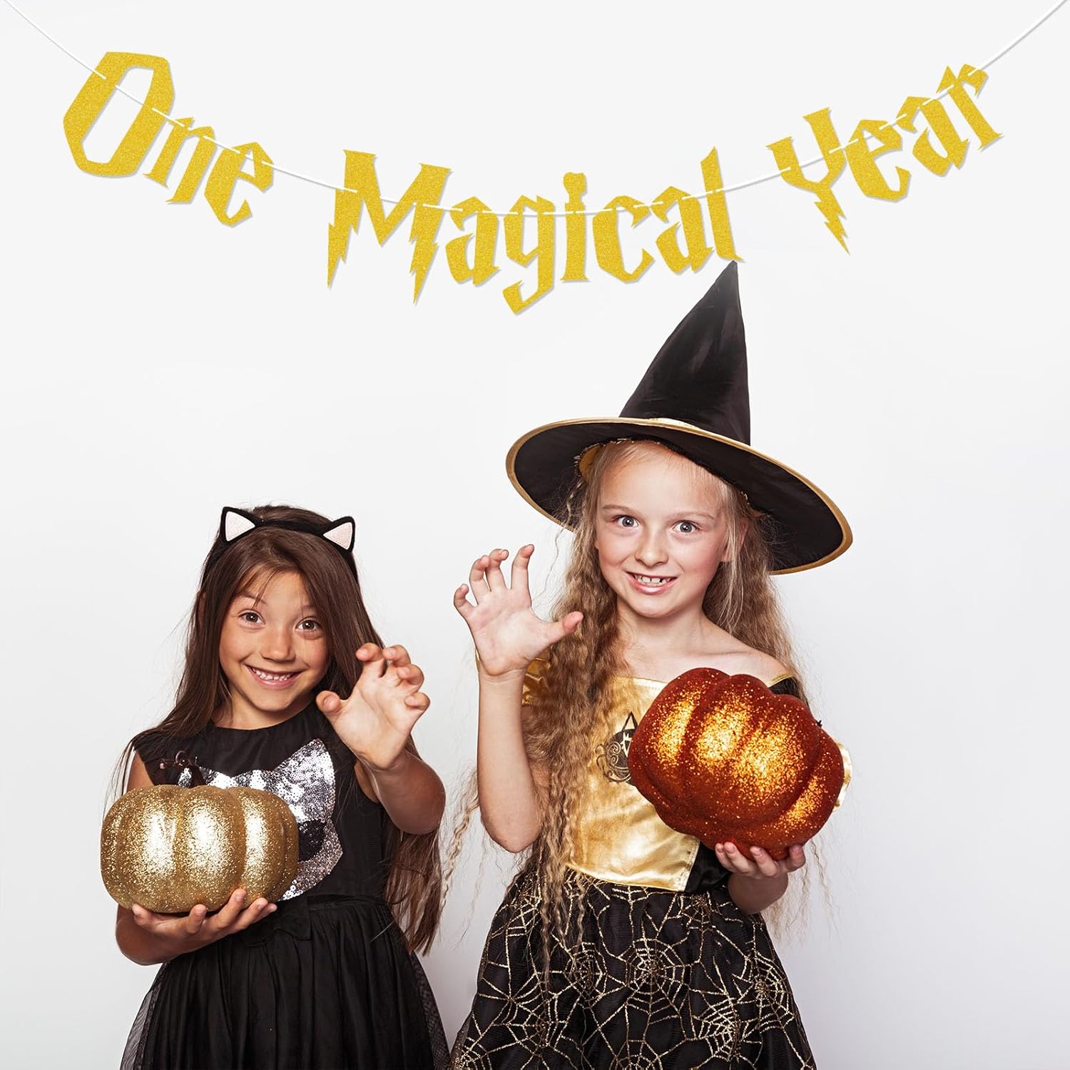 One Magical Year Banner - Wizard Birthday Decor Gold Glitter