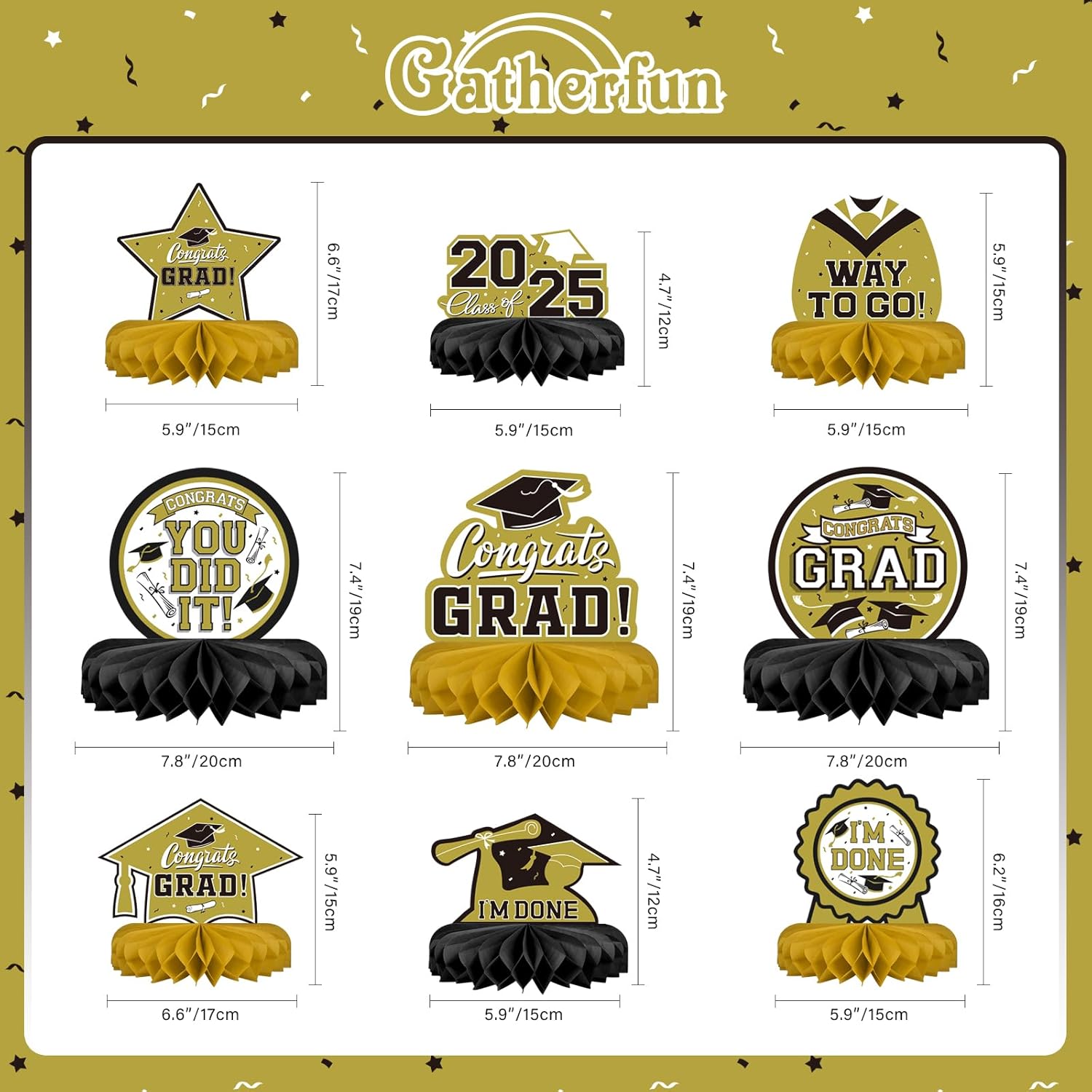 9PCS Graduation Party Decorations Honeycomb Table Centerpieces Gold and Black