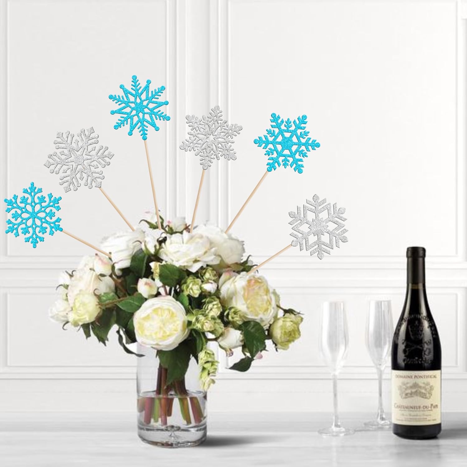 12 PCS Frozen Snowflake Centerpiece Sticks for Winter Wonderland Parties