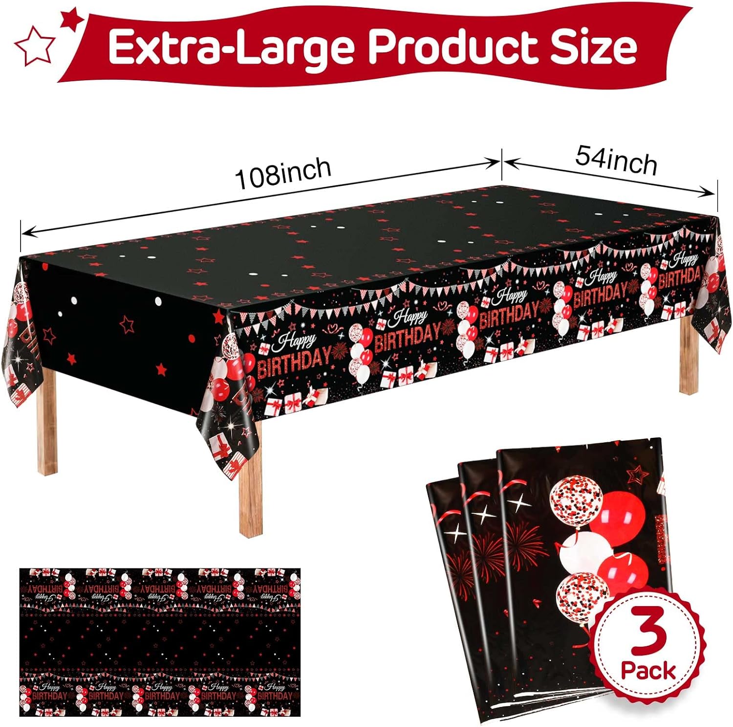 3 Pack Red Black Plastic Tablecloths for Rectangle Tables