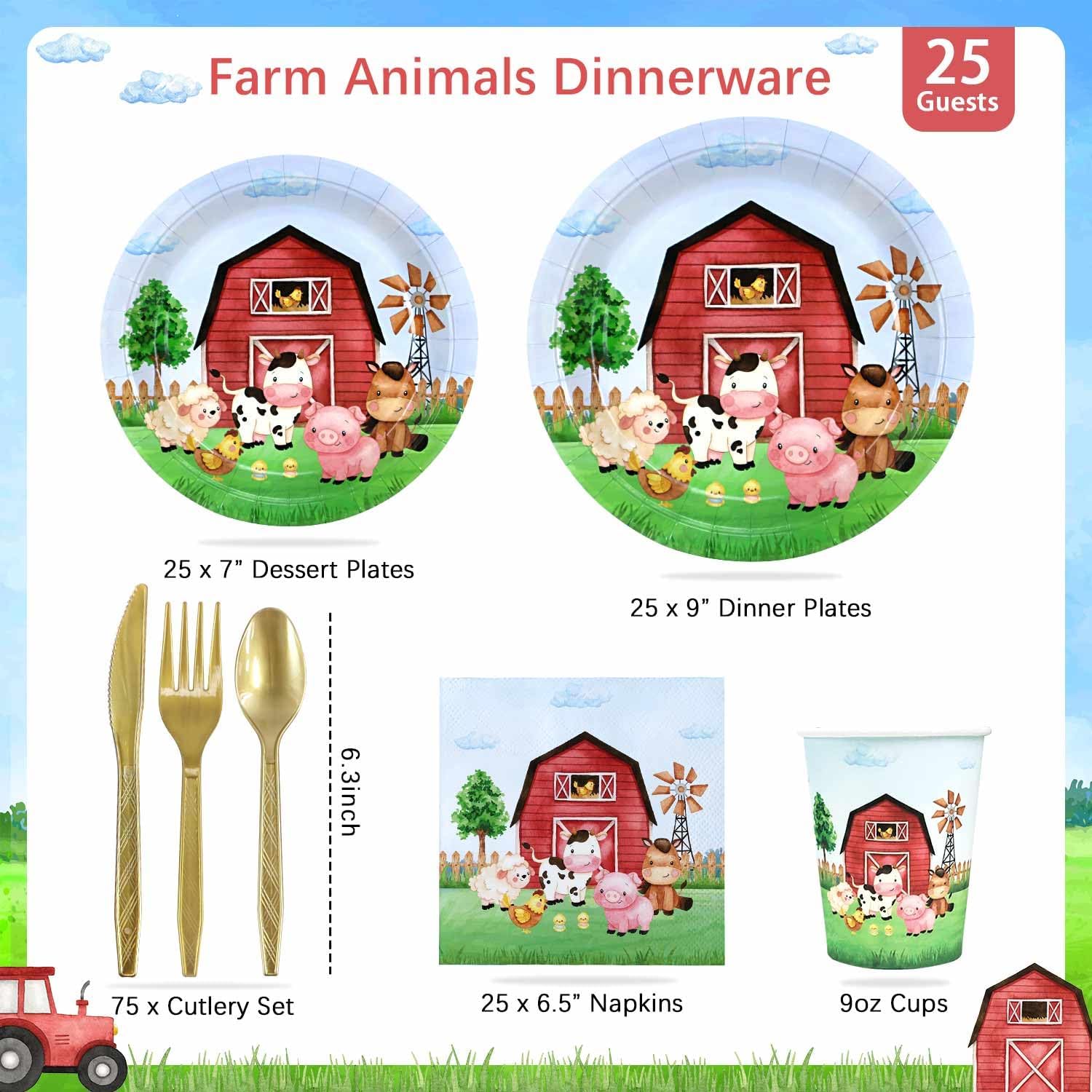 175 Pcs Farm Birthday Plates Set for 25 Guests