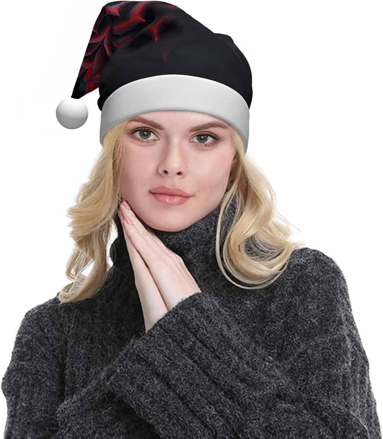 Personalized Santa Hat with Red Rose and Black Leaves Print