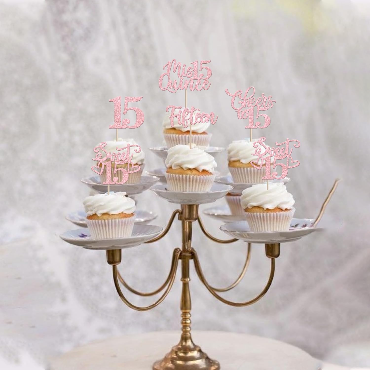 30PCS Happy 15th Birthday Cupcake Toppers Glitter Pink