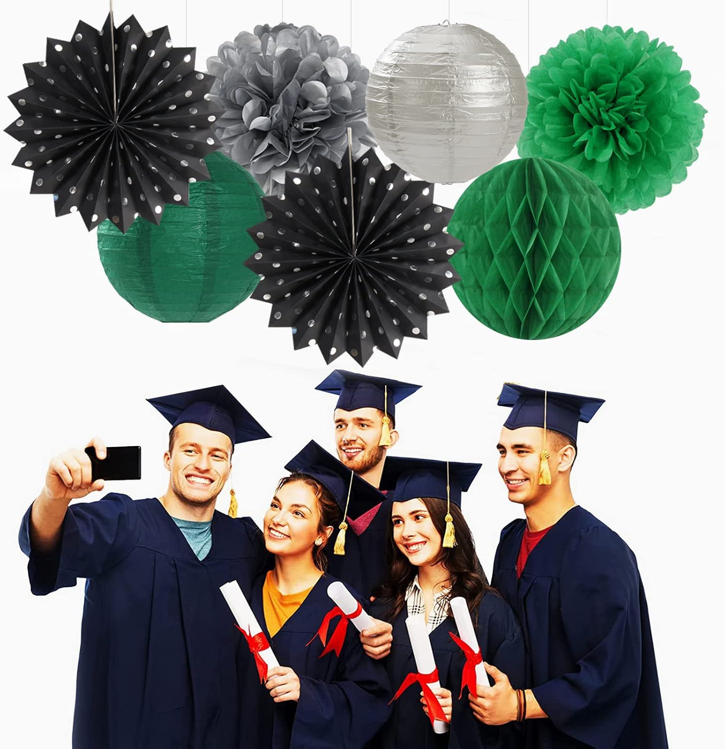 Black-Green Silver Party Decor Streamers Lanterns 14pcs Set