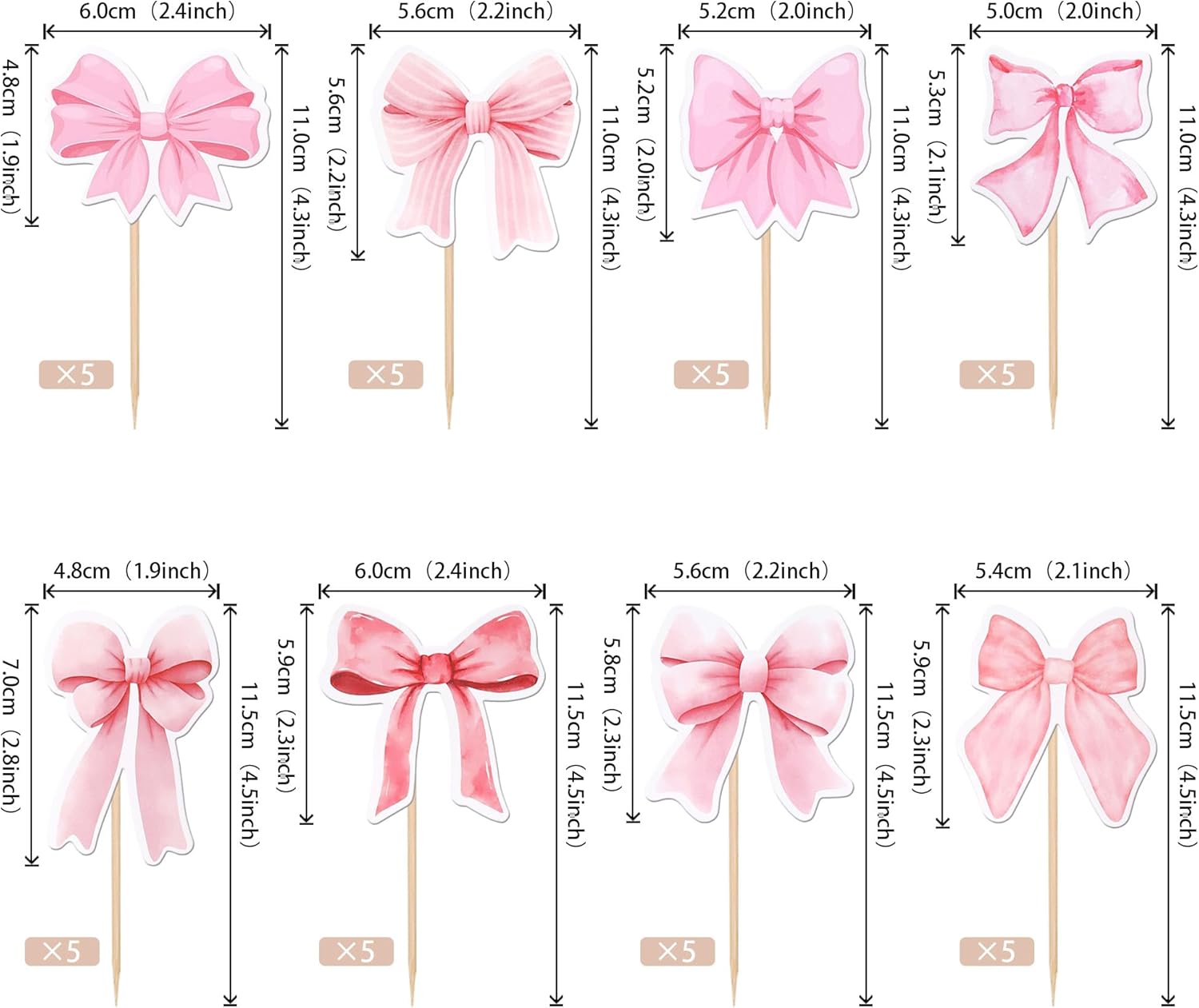 40 Pink Bow Cupcake Toppers for Party Decorations