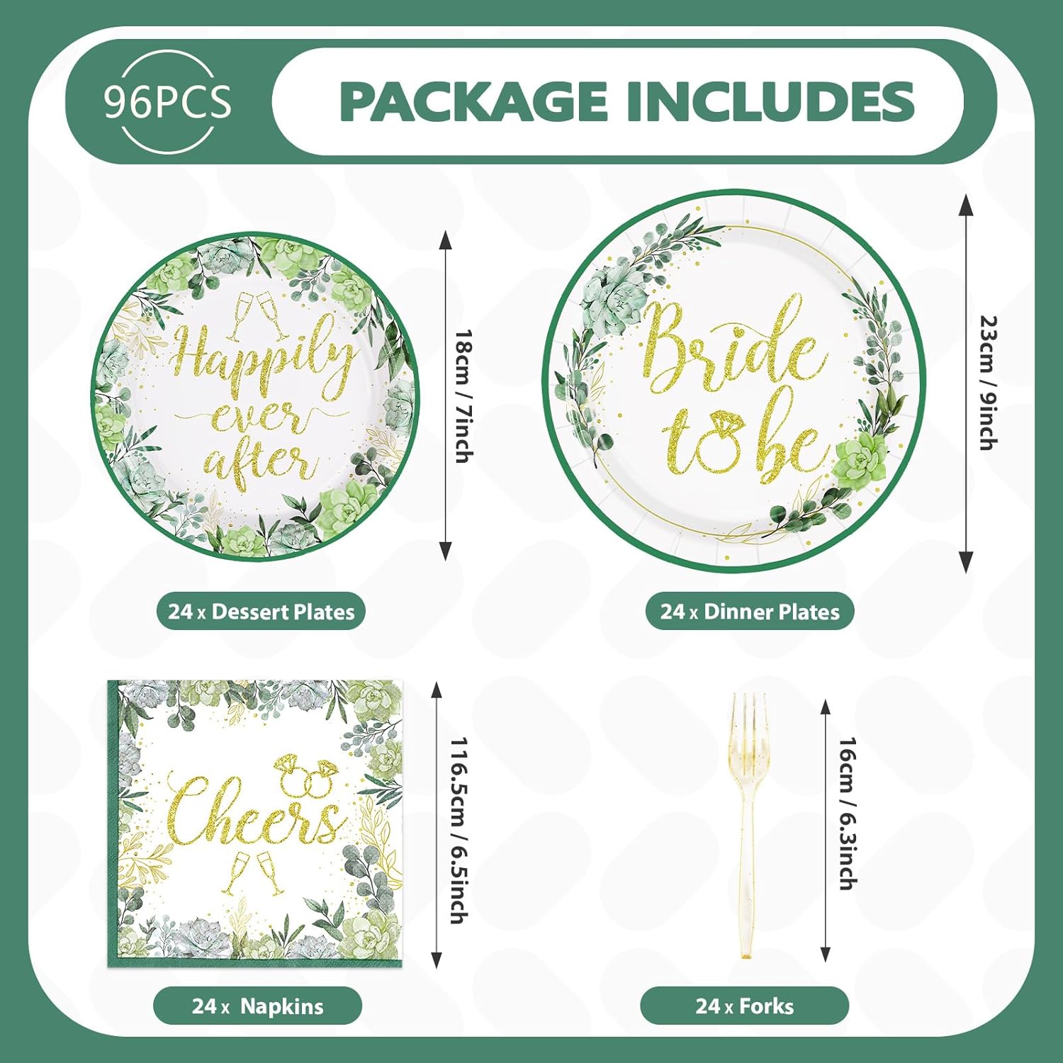 Sage Green Bridal Shower Party Tableware Set 96Pcs for 24 Guests
