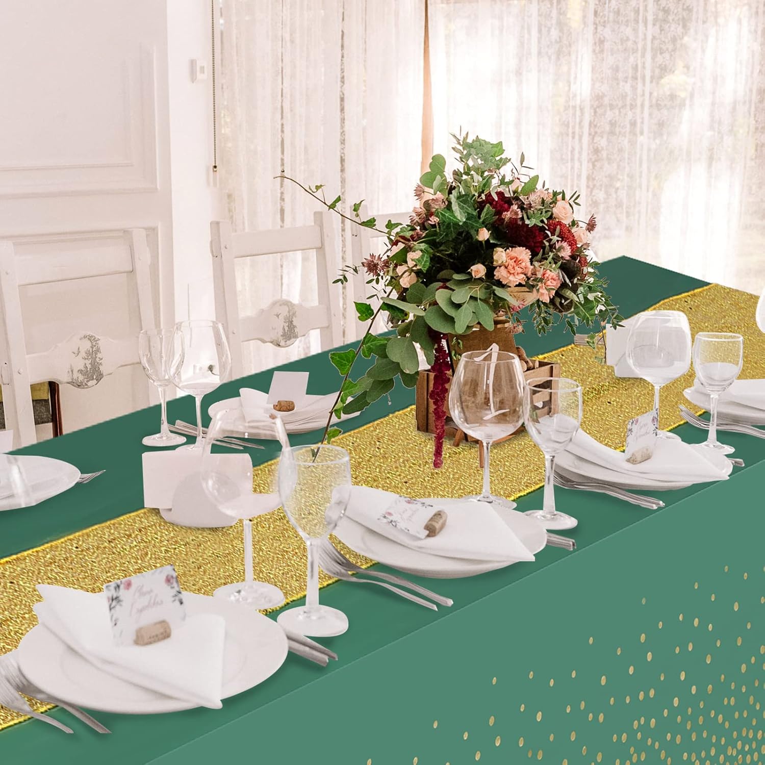Irenare Tablecloth and Sequin Table Runner Set Green Gold 2 Pcs