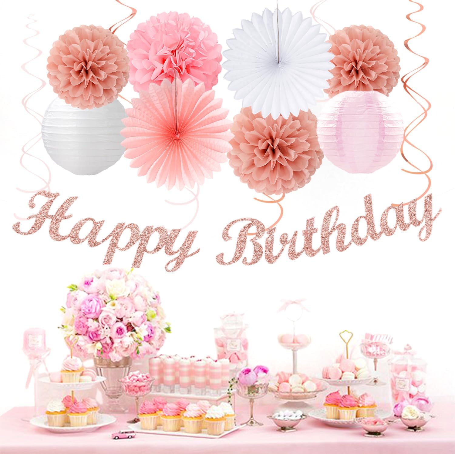 Rose Gold Pink White Birthday Decorations 31pcs