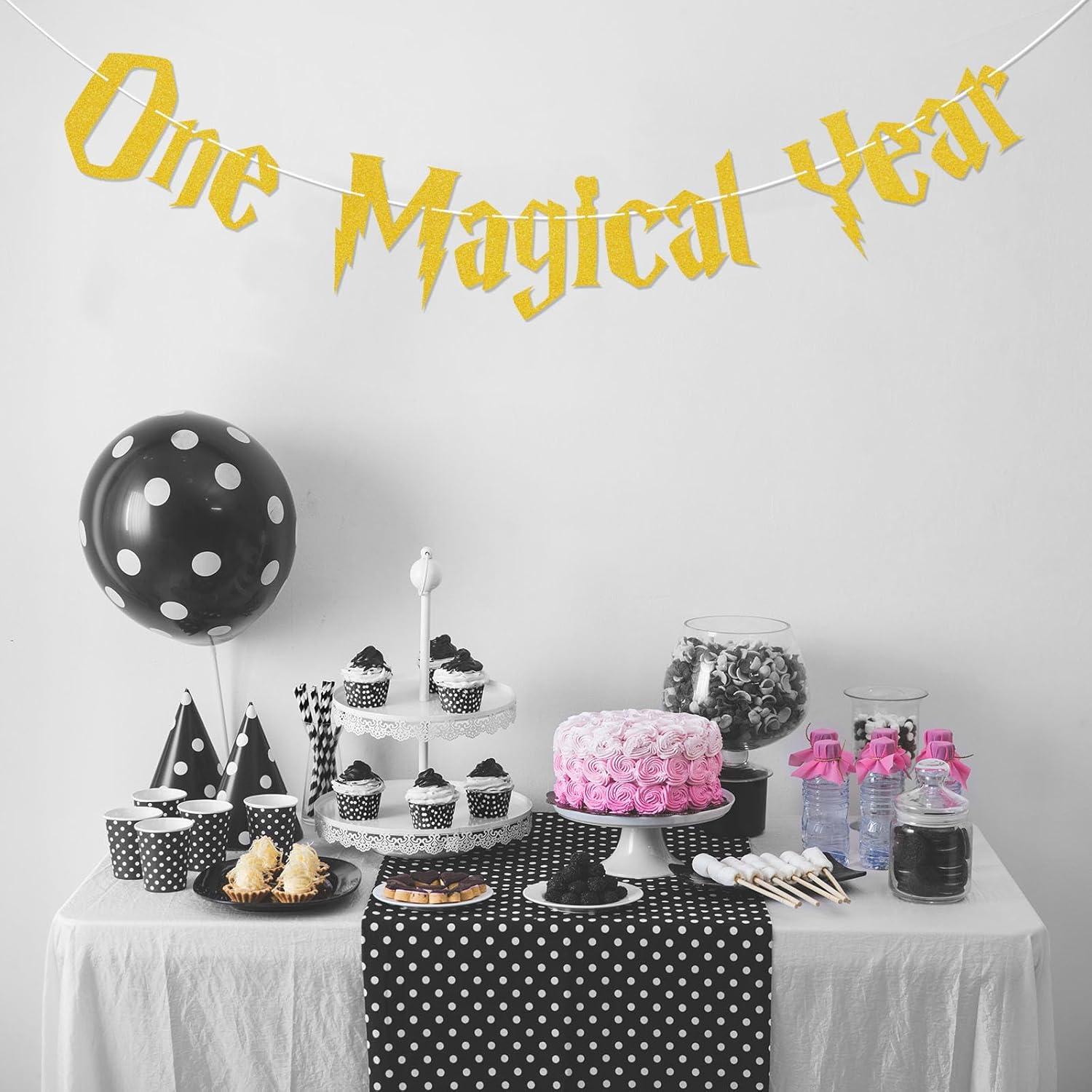 One Magical Year Banner - Wizard Birthday Decor Gold Glitter