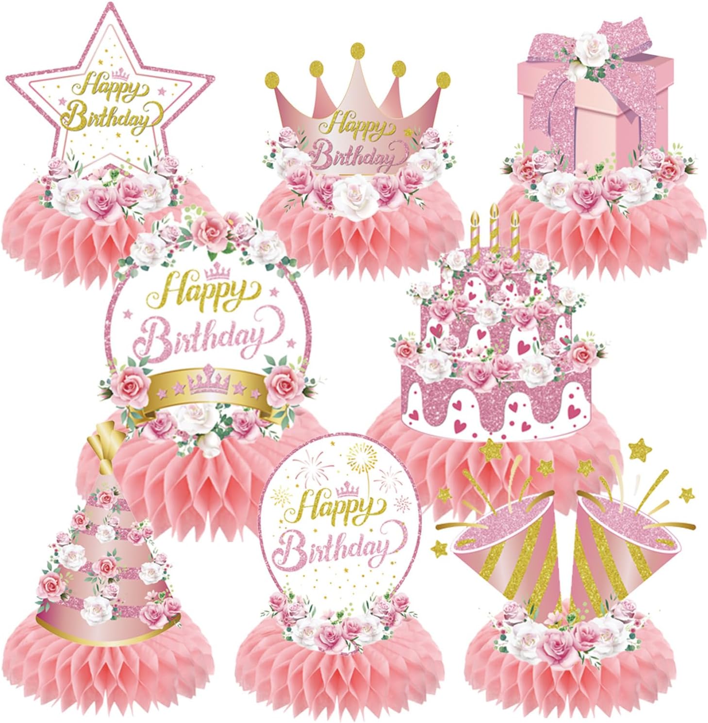 Pink Flower Birthday Decorations 8PCS Centerpiece Set