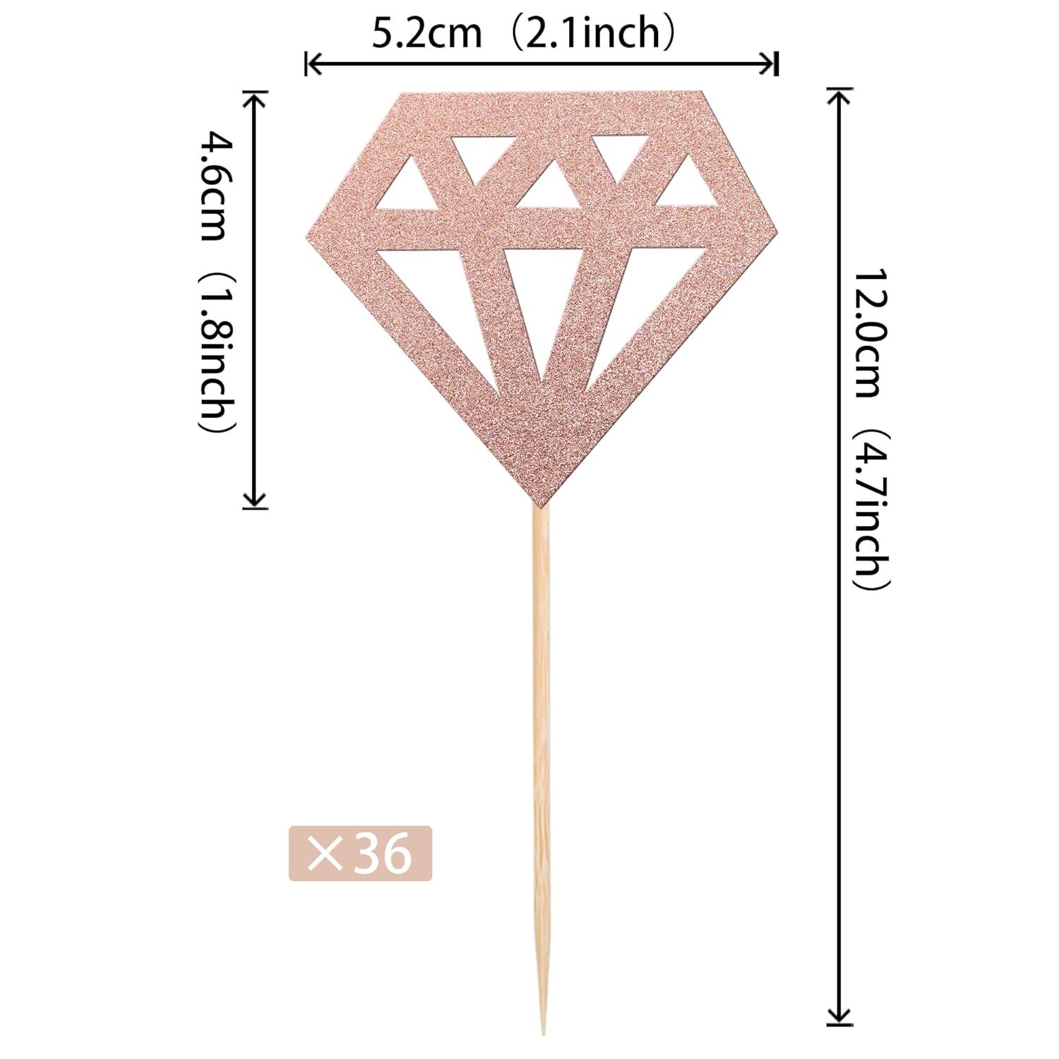 36 PCS Diamond Cupcake Toppers Rose Gold Glitter Cake Decorations
