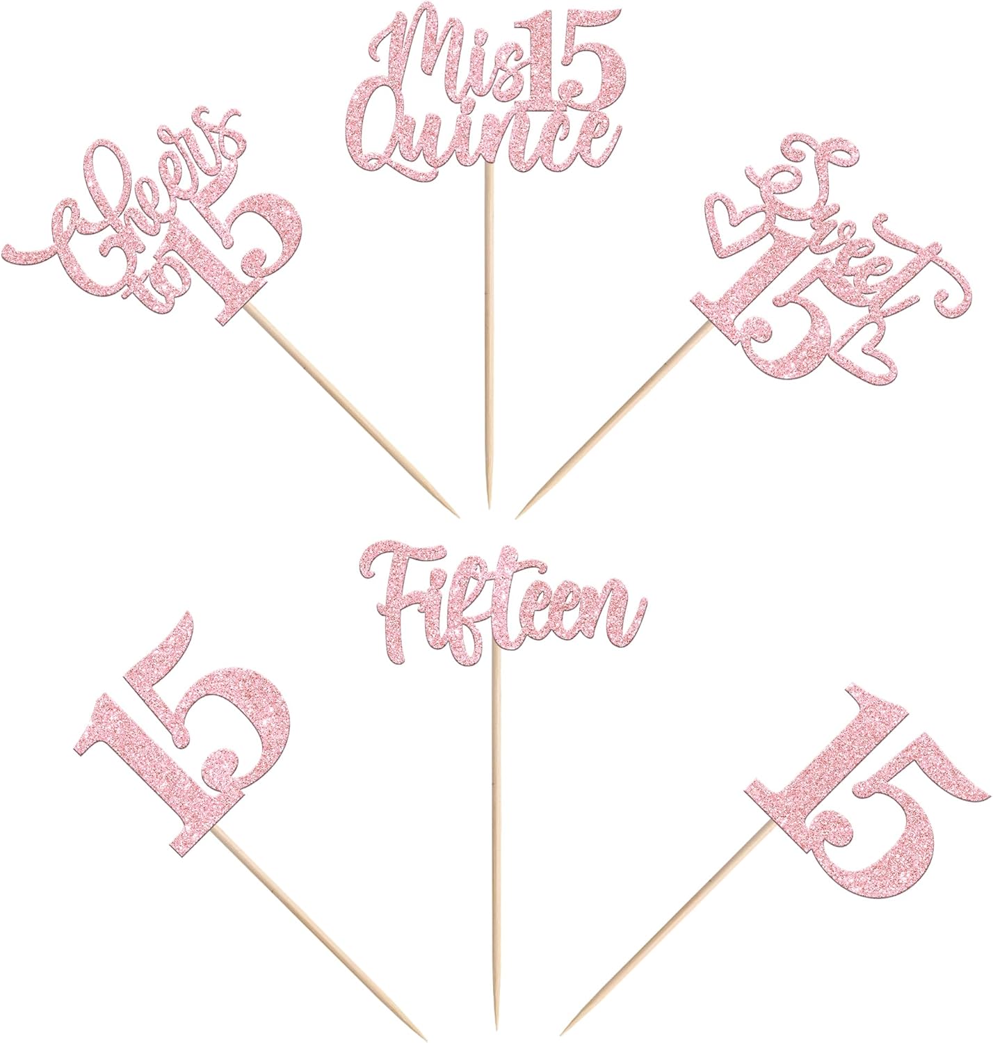 30PCS Happy 15th Birthday Cupcake Toppers Glitter Pink