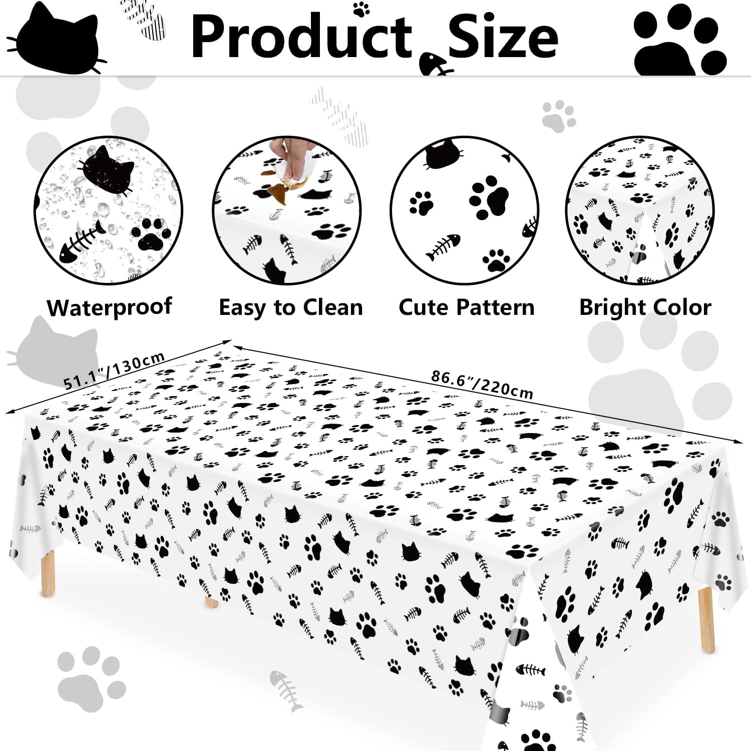 4 Pack Cat Tablecloth with Paw Print and Bone Design