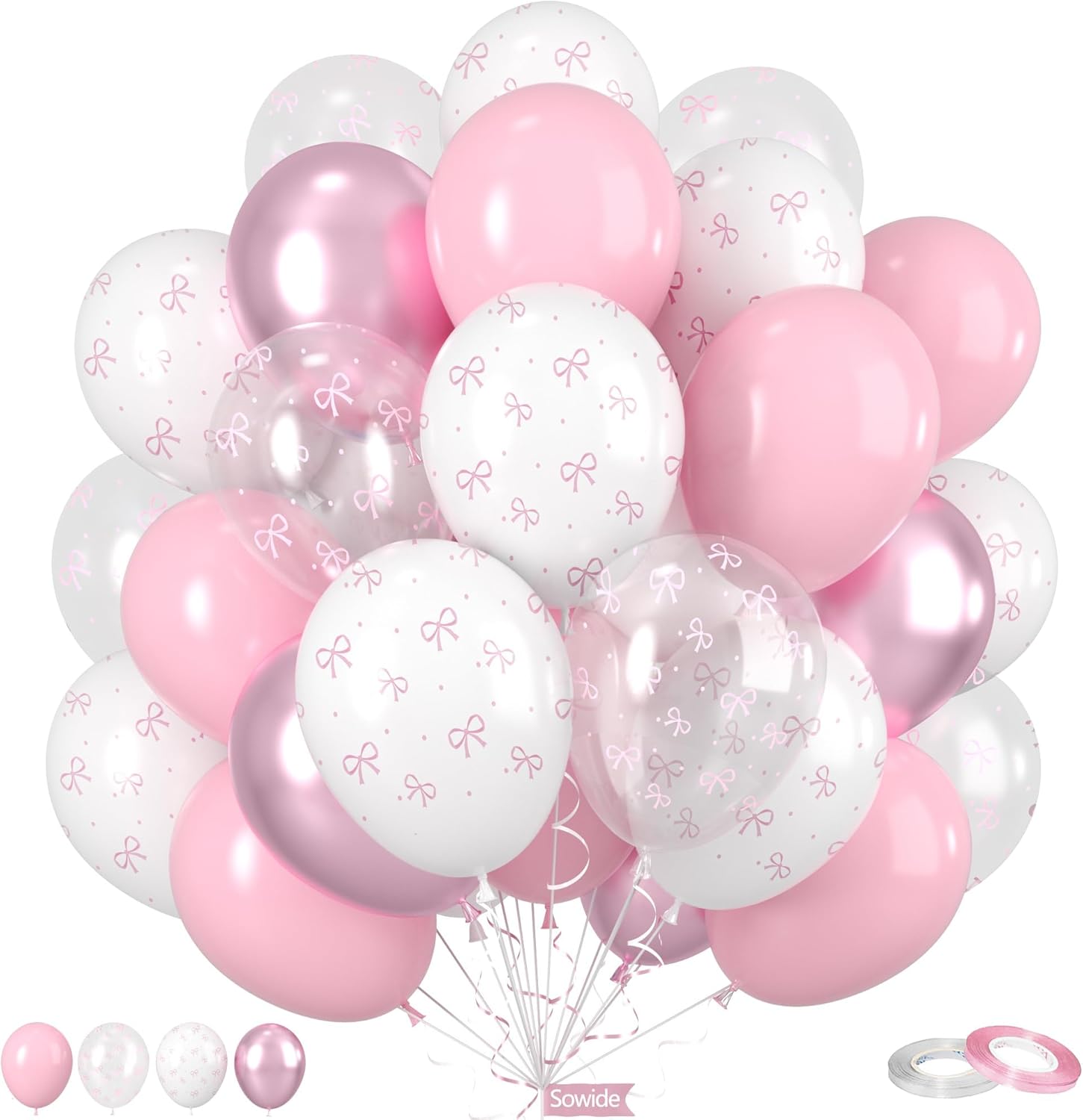 Bow Balloons 50Pcs 12 Inches Pink White Clear Balloons for Birthday Parties
