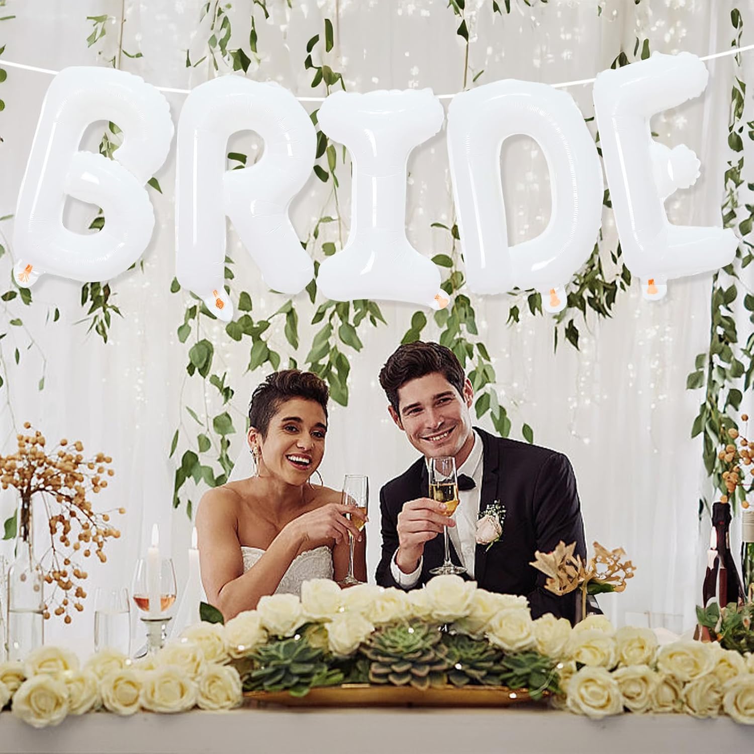 40 Inch White Bride Foil Balloons with Ribbon and Straw