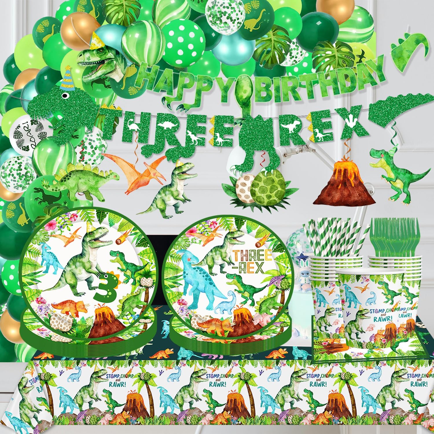 Watercolor Dinosaur Party Tablecloth Set 3pcs
