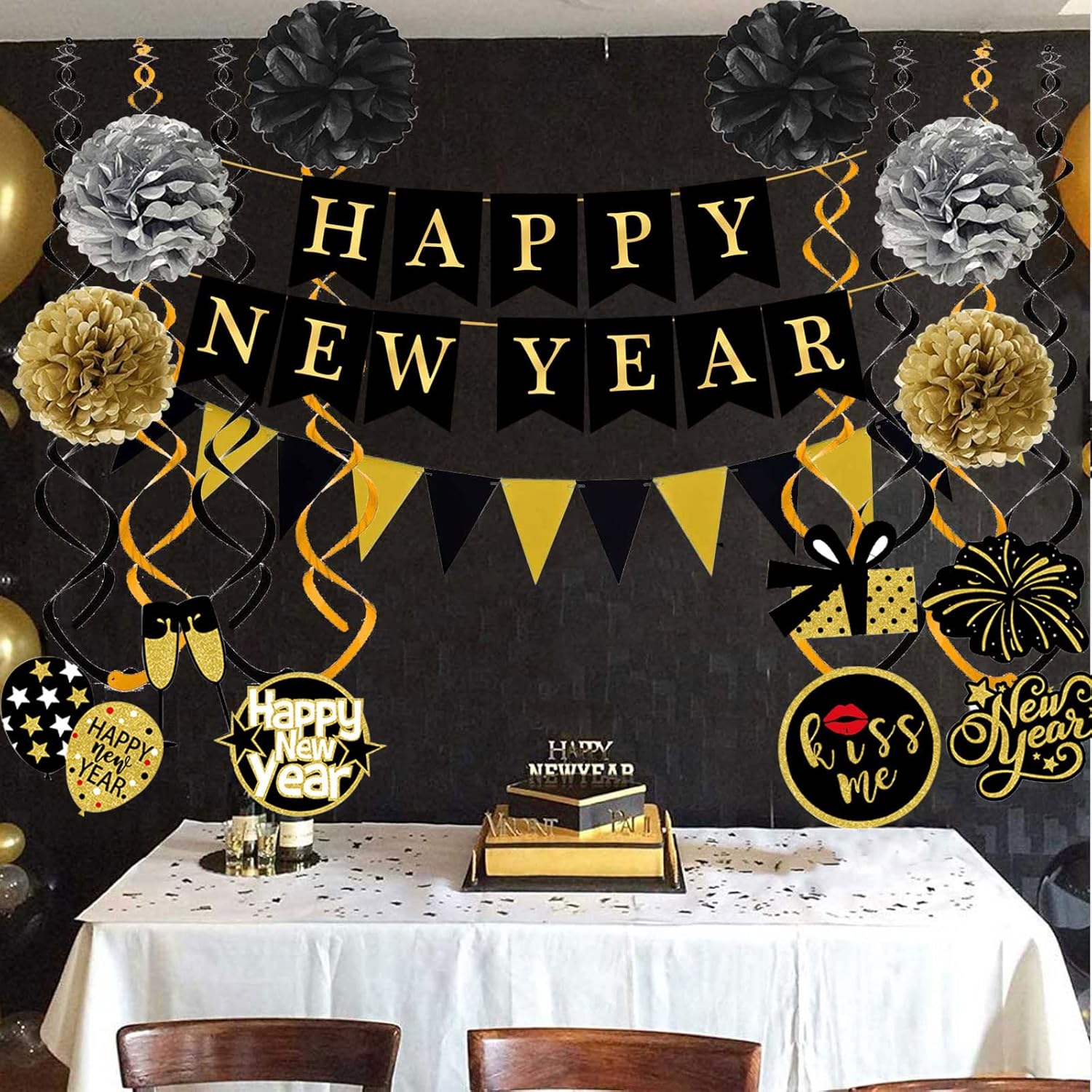 Happy New Year Banner with Pom Poms and Triangle Flags