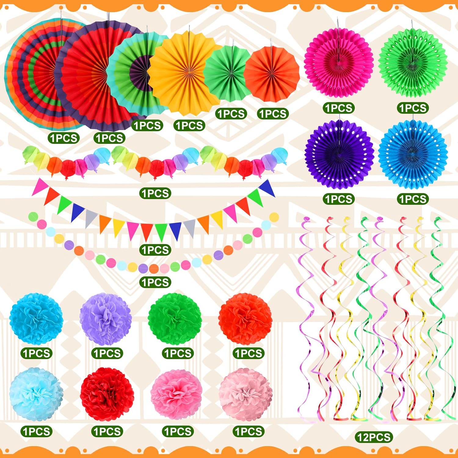 37 Pcs Fiesta Paper Fan Decorations Set