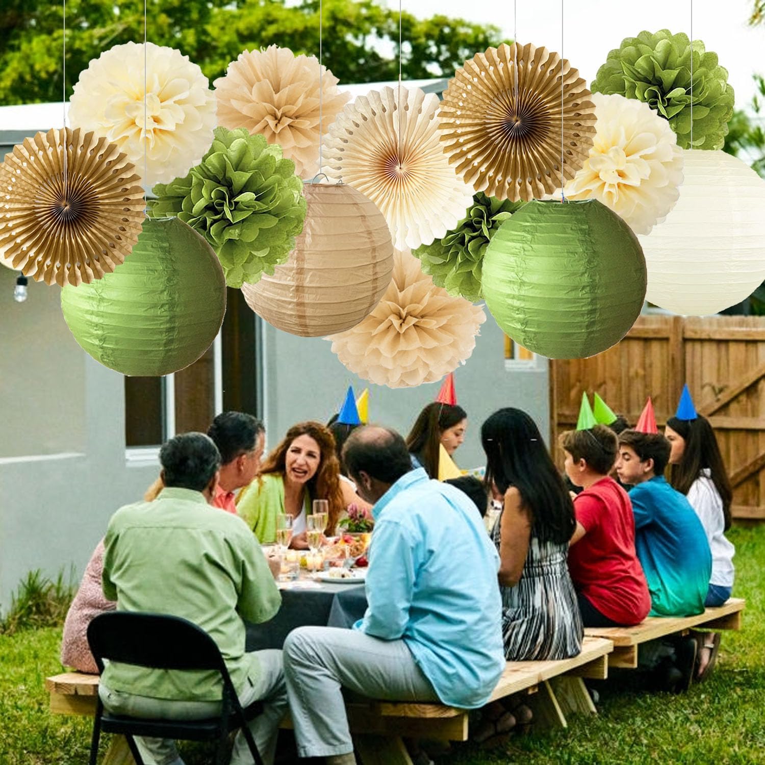 Olive Green Tissue Pom Poms and Paper Lanterns Decor Set