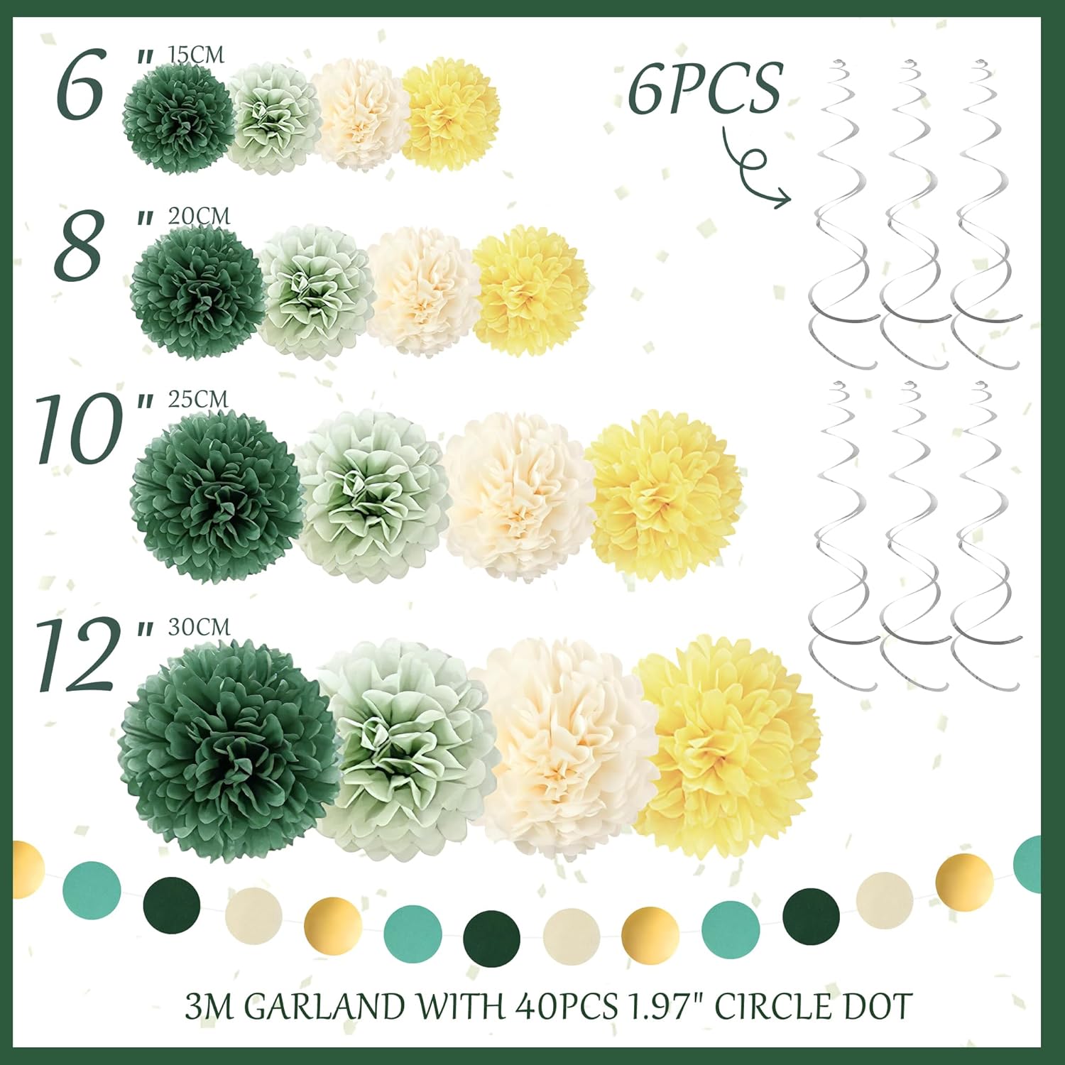 Sage Green Tissue Paper Pom Poms 23 Pcs Decorations
