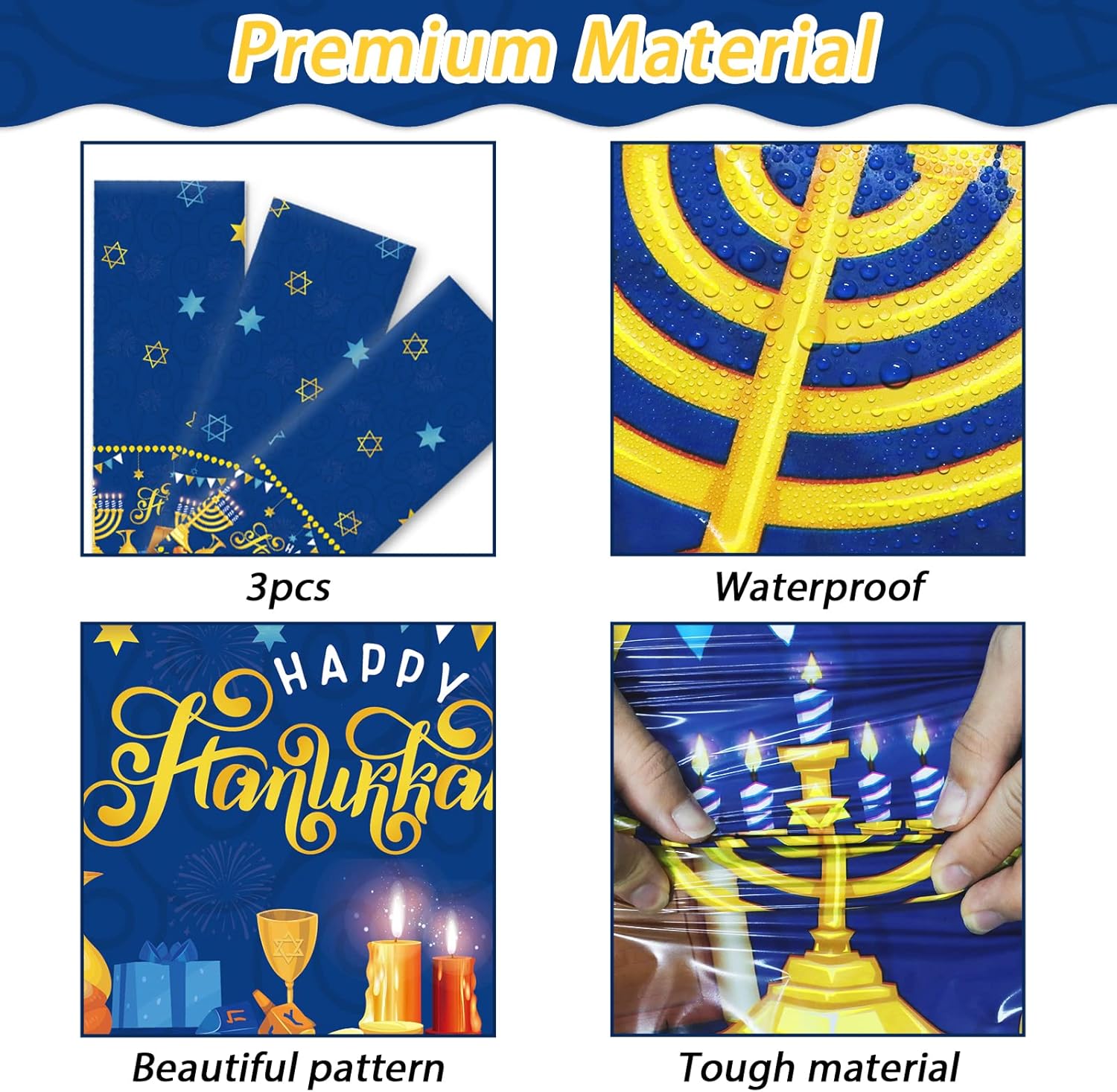 3 Pcs Hanukkah Tablecloths Blue Gold Fabric Decorations