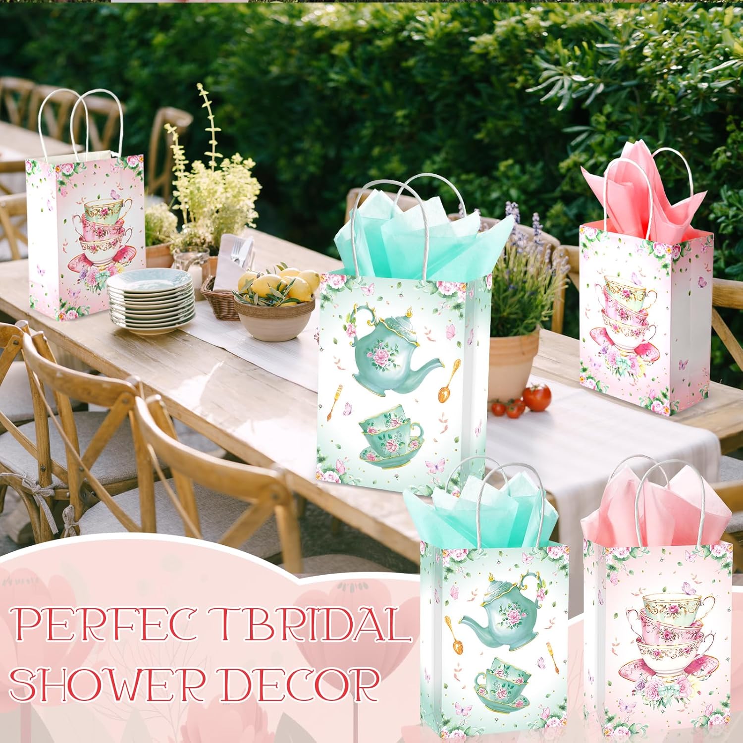 24 Pcs Tea Party Gift Bags with Handles Pink Green
