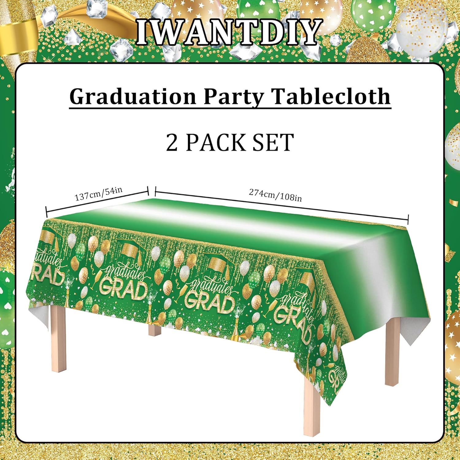 2025 Graduation Party Tablecover Kit - 2 Pcs Green Congrats Grad Tablecloths