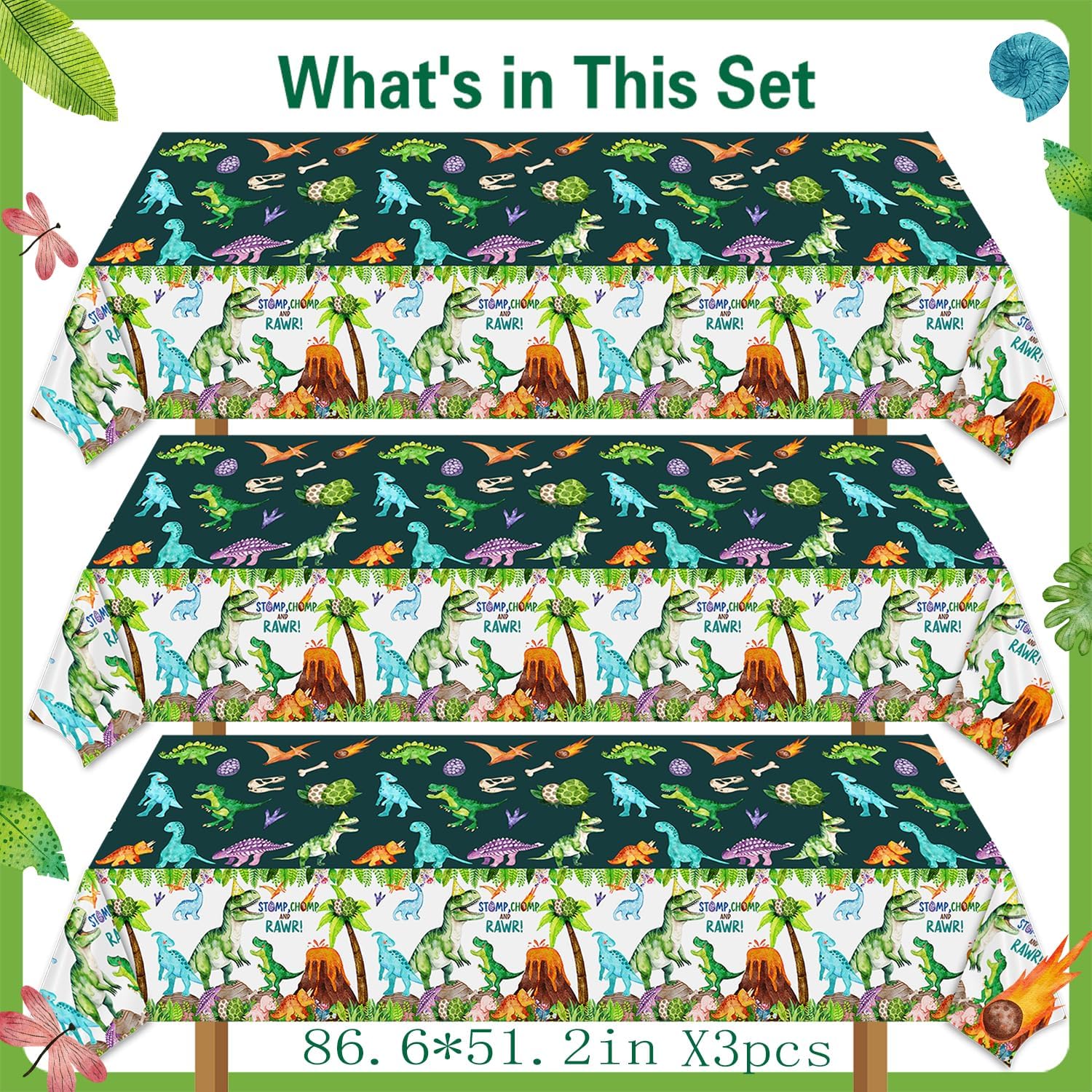Watercolor Dinosaur Party Tablecloth Set 3pcs
