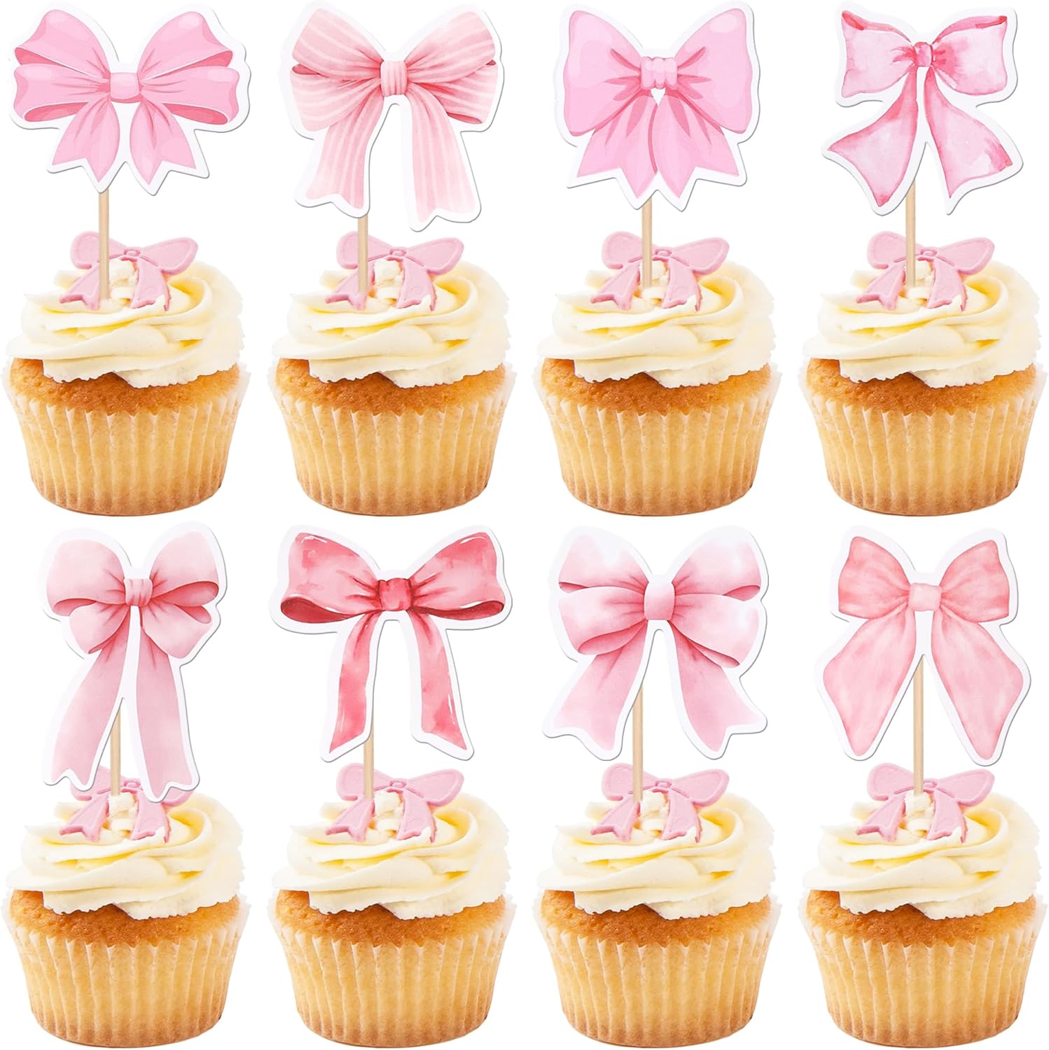 40 Pink Bow Cupcake Toppers for Party Decorations