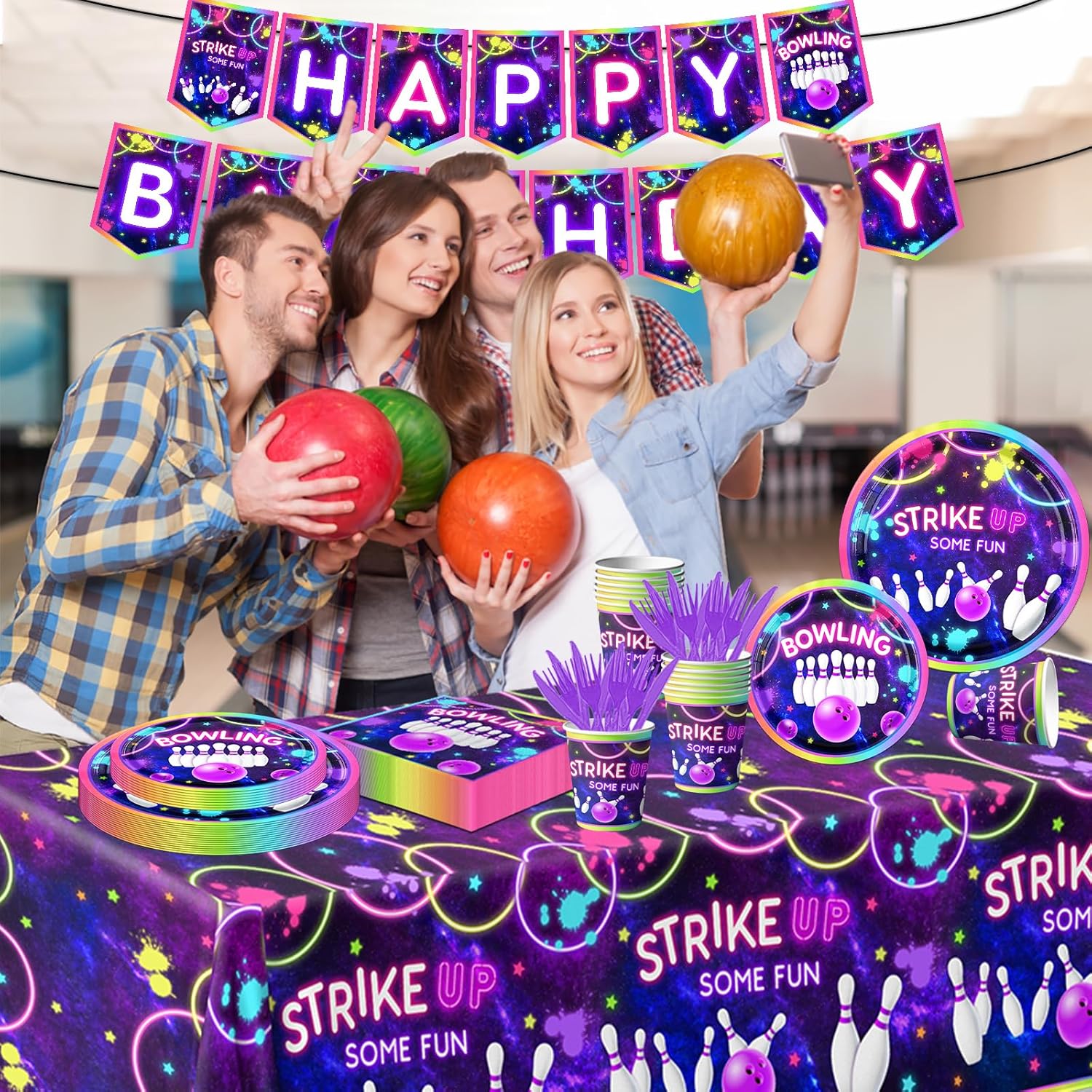 Bowling Party Tableware Set 142Pcs Neon Glow Fun Decorations