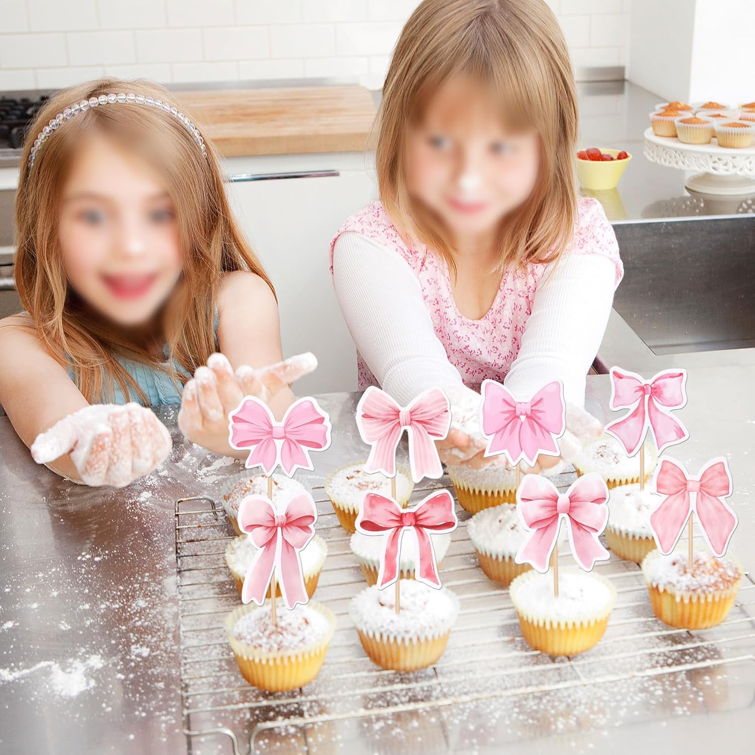 40 Pink Bow Cupcake Toppers for Party Decorations