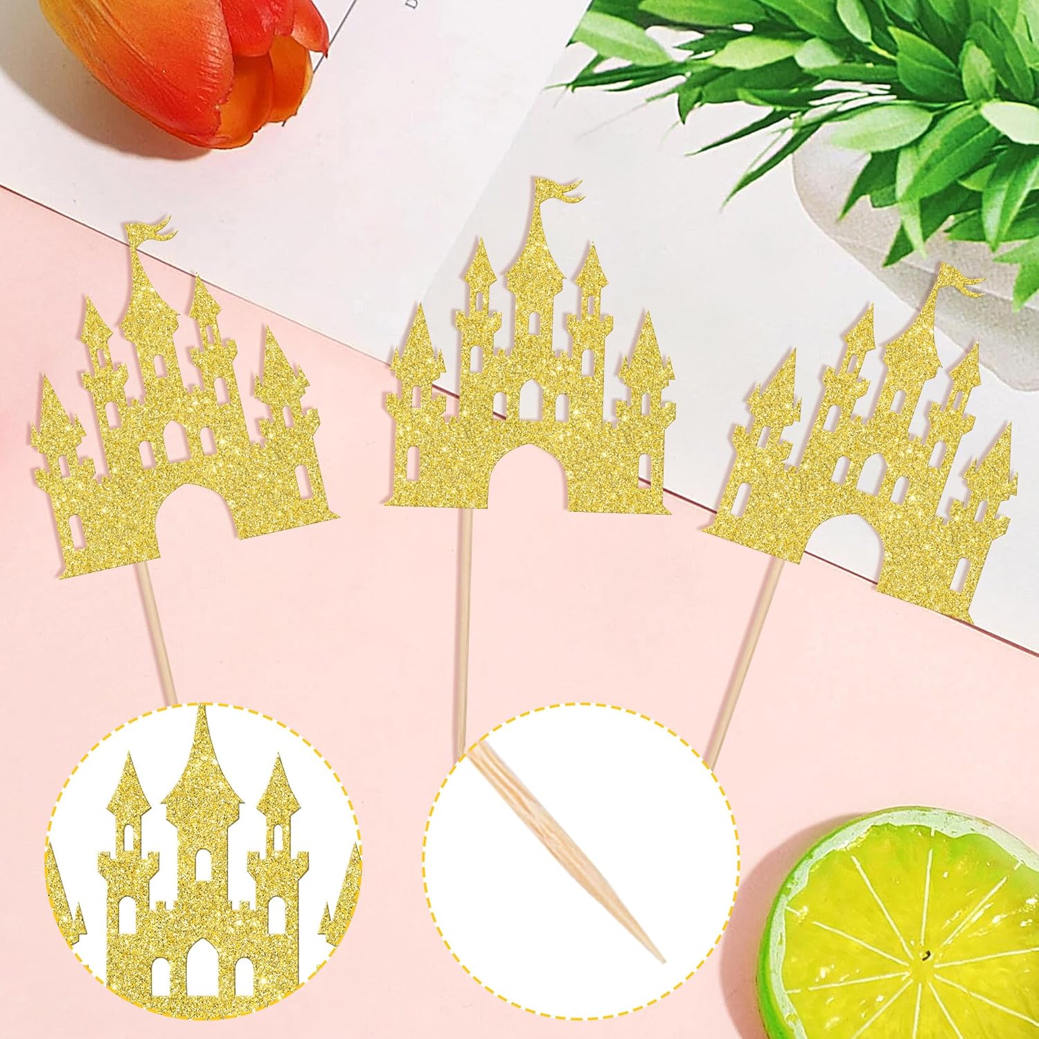 24 pcs Princess Castle Cupcake Toppers Gold