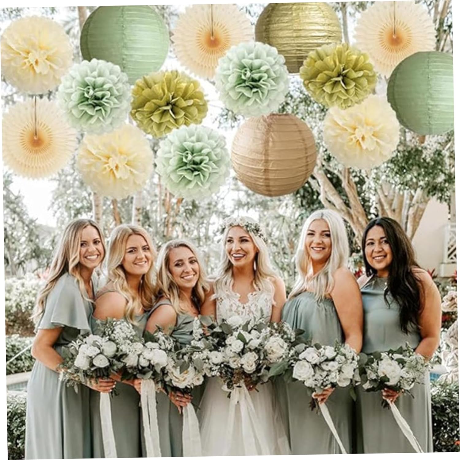 Comebachome 15PCS Paper Pom Poms Set Green Gold Tissue Decorations