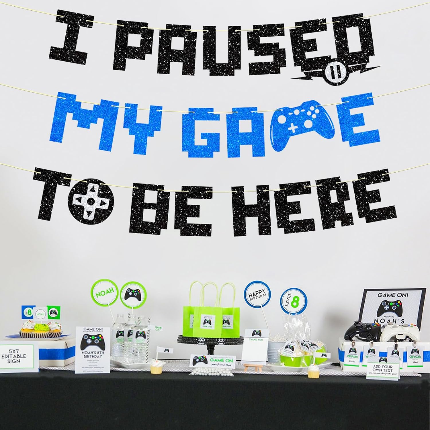 Gamer Birthday Banner with Glitter Letters