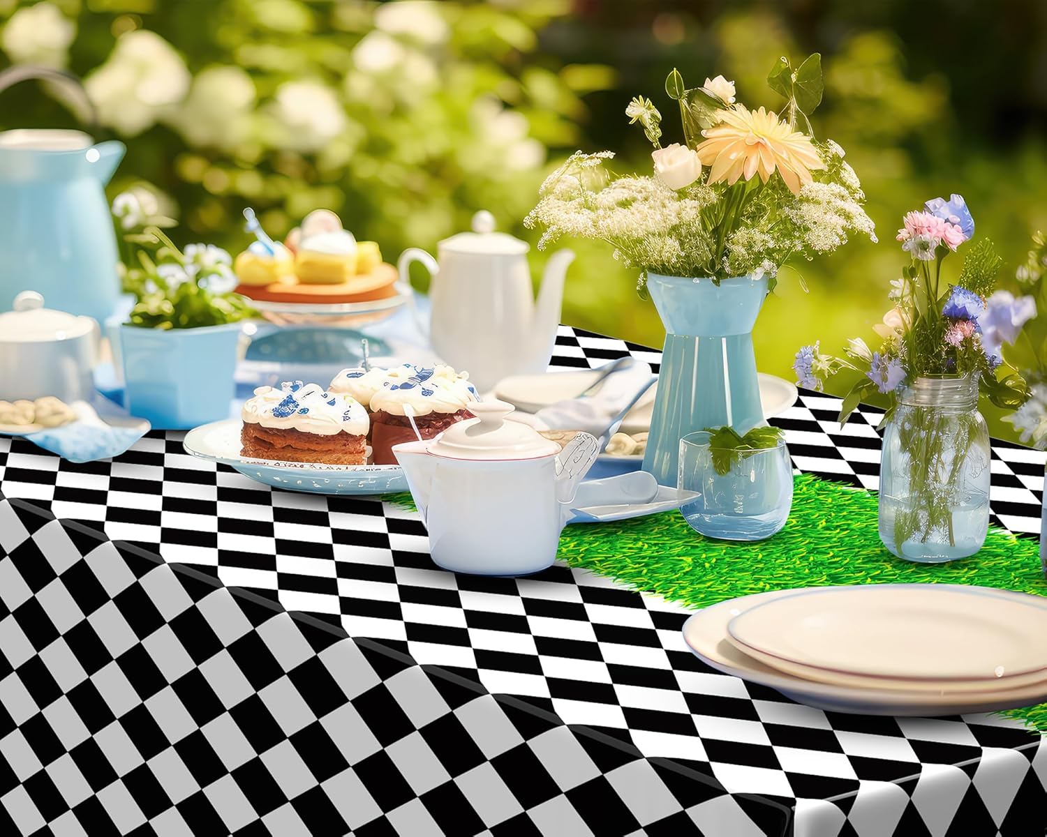 Oudain 3 Pcs Wonderland Checkered Tablecloth