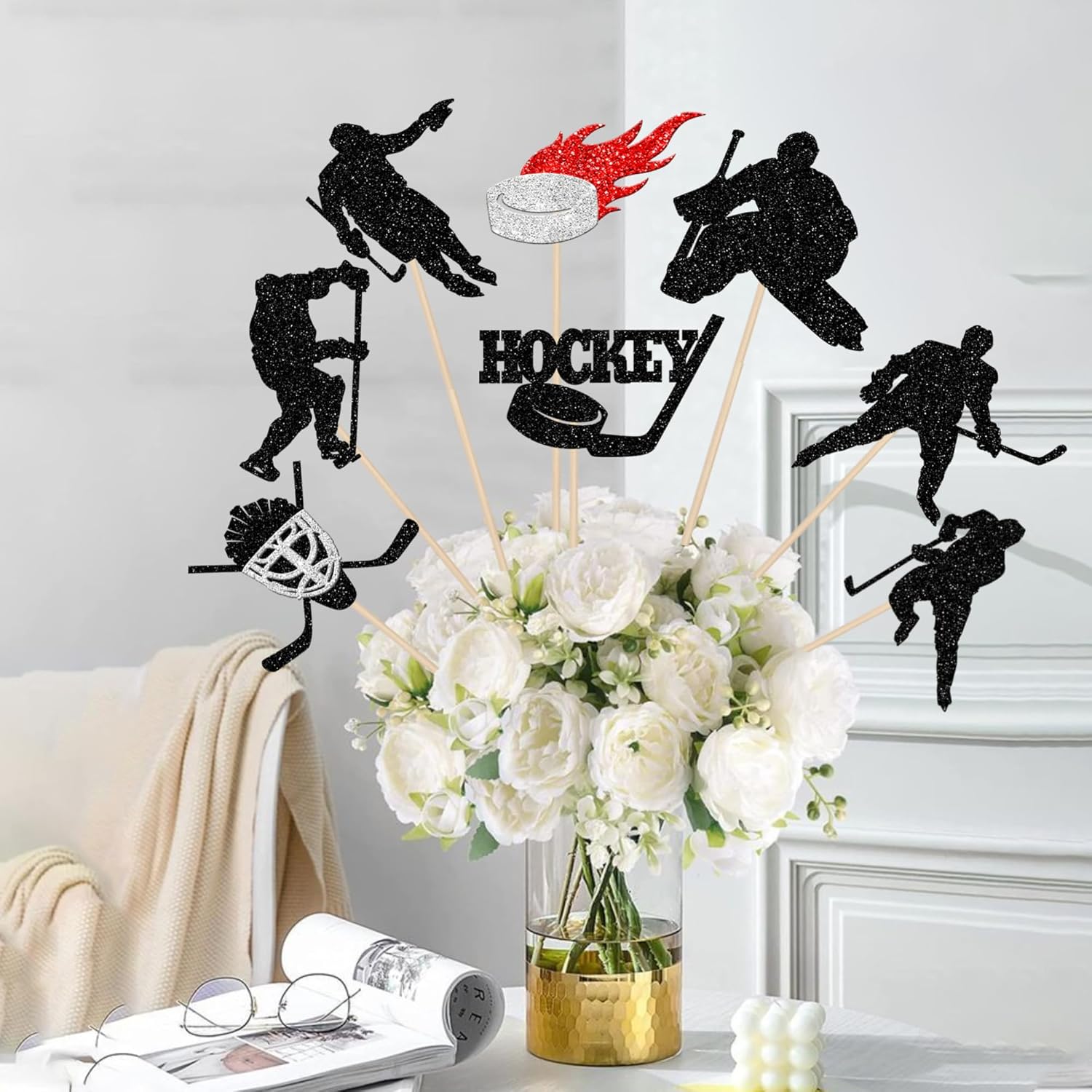 16PCS Hockey Centerpiece Sticks Black Glitter Decorations