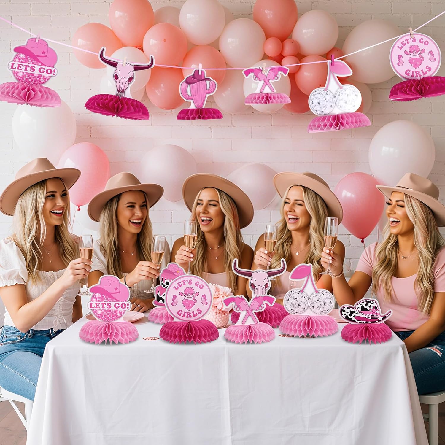 12PCS Pink Cowgirl Honeycomb Centerpieces