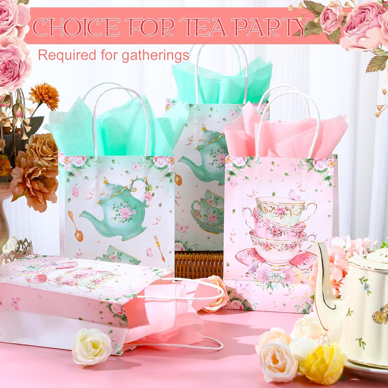 24 Pcs Tea Party Gift Bags with Handles Pink Green