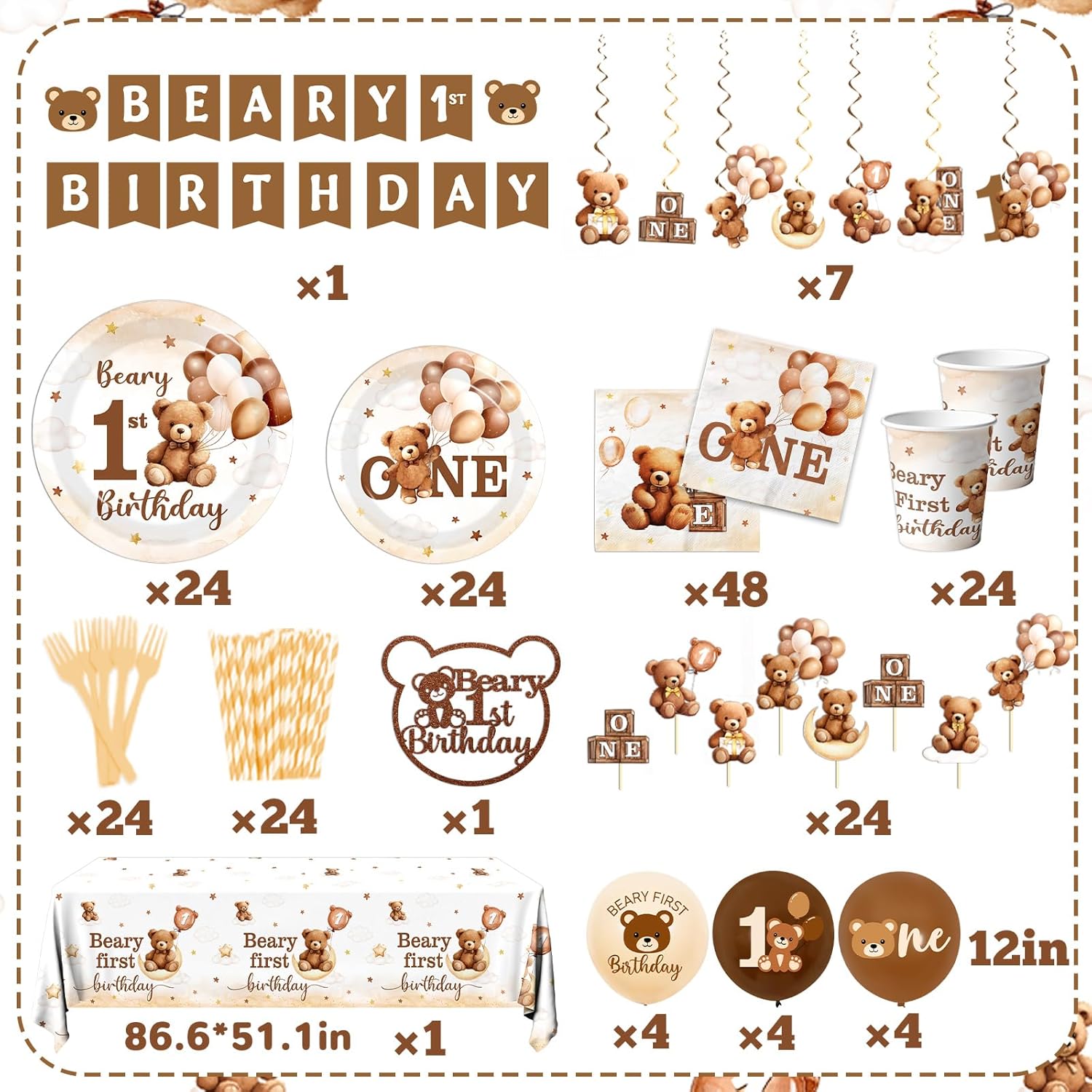 189Pcs Beary First Birthday Party Decorations Set