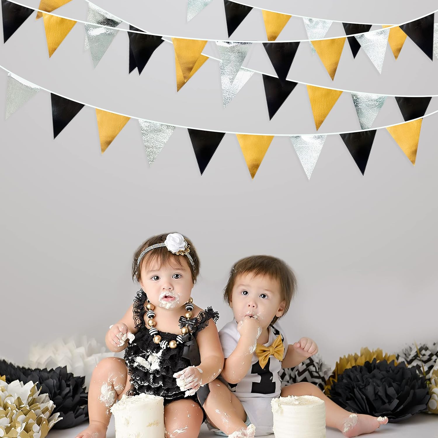 Black Gold Silver Triangle Pennant Banner Garland for Parties
