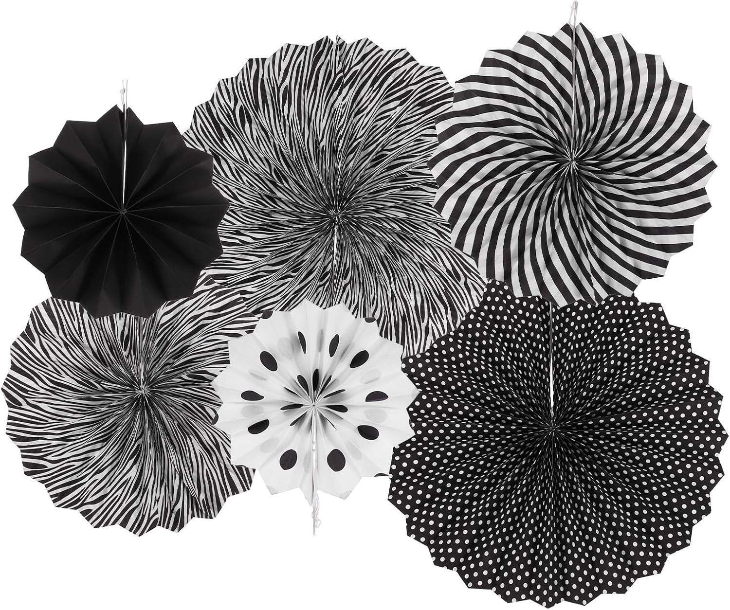 MECCANIXITY 6Pc Hanging Paper Fans Decor Set Black White