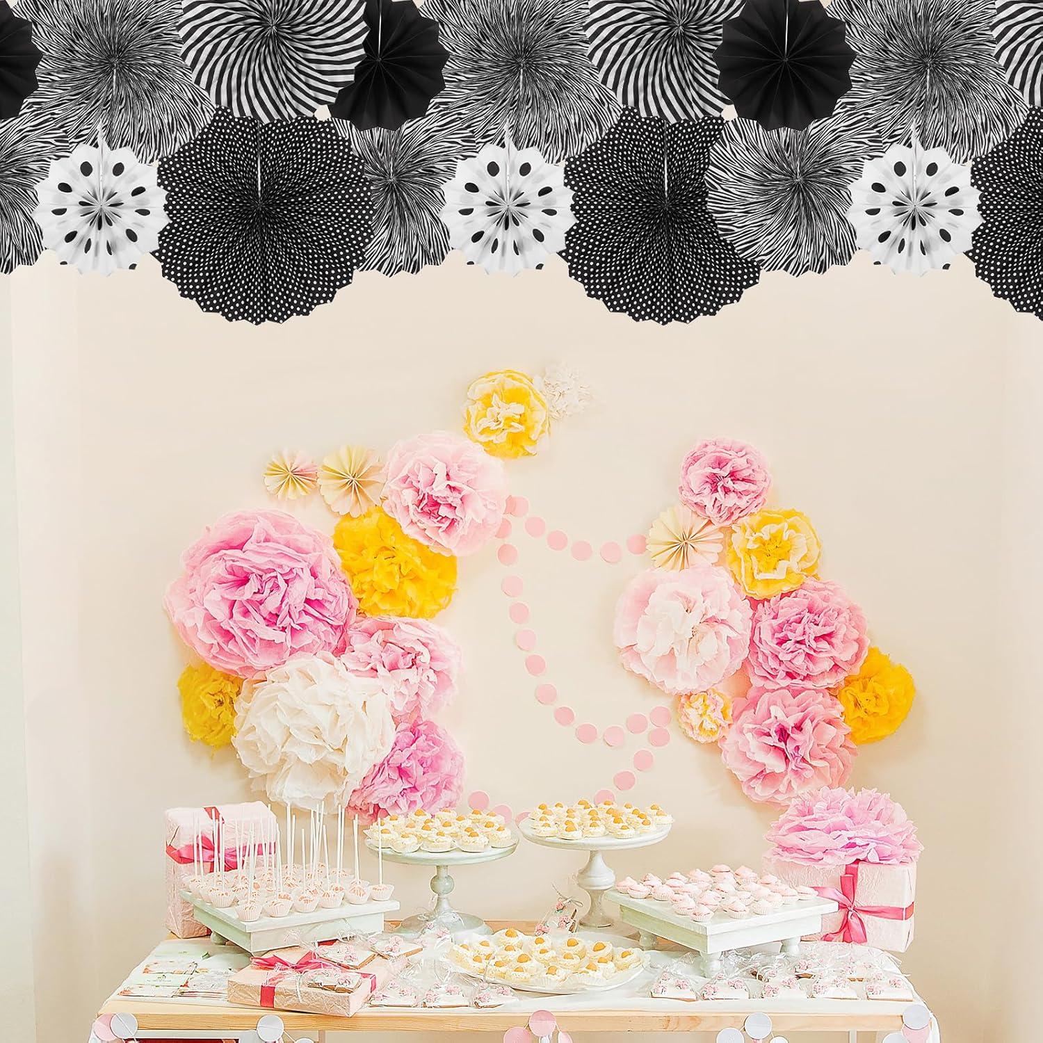 MECCANIXITY 6Pc Hanging Paper Fans Decor Set Black White