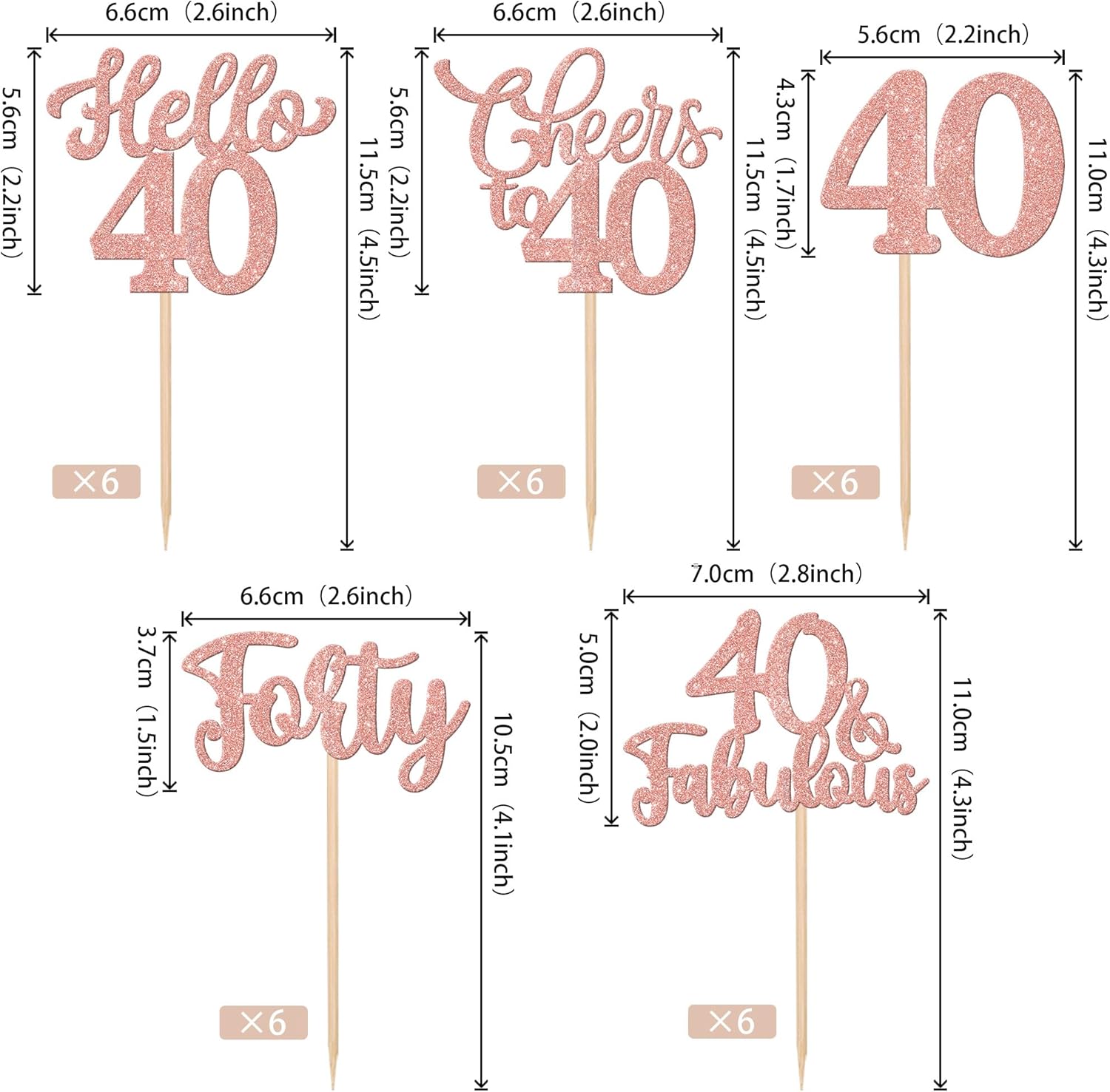 30PCS Happy 40th Birthday Cupcake Toppers Rose Gold Glitter