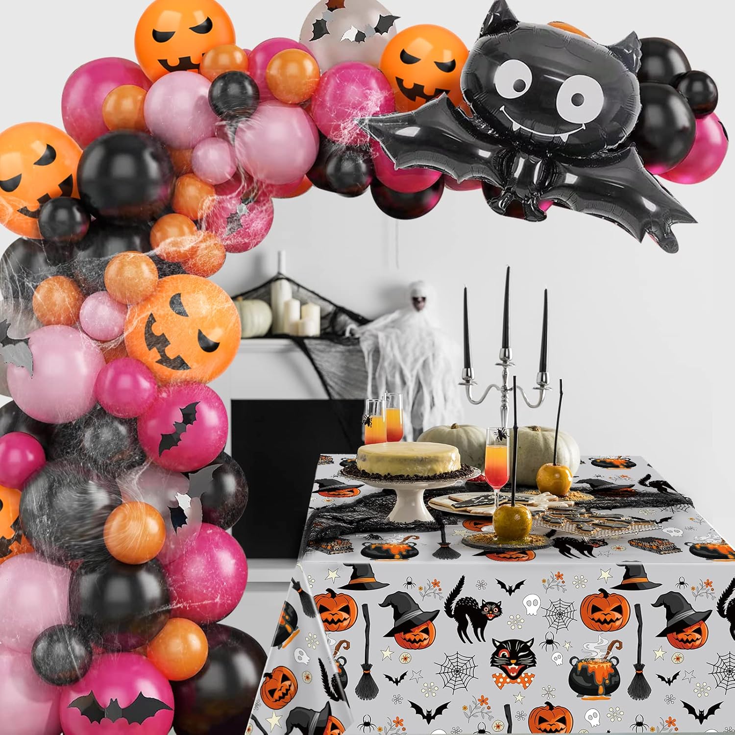 AobkDeco Halloween Tablecloth Set 3pcs Pumpkin Spider Web Bats