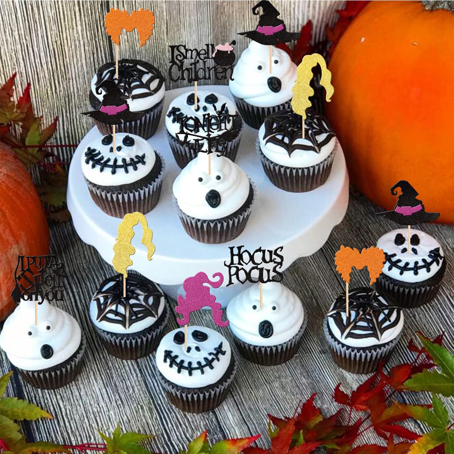 32 Piece Hocus Pocus Cupcake Toppers with Glitter and Bamboo Sticks